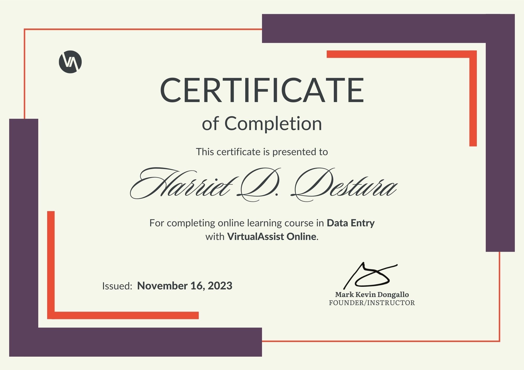 Data entry certificate