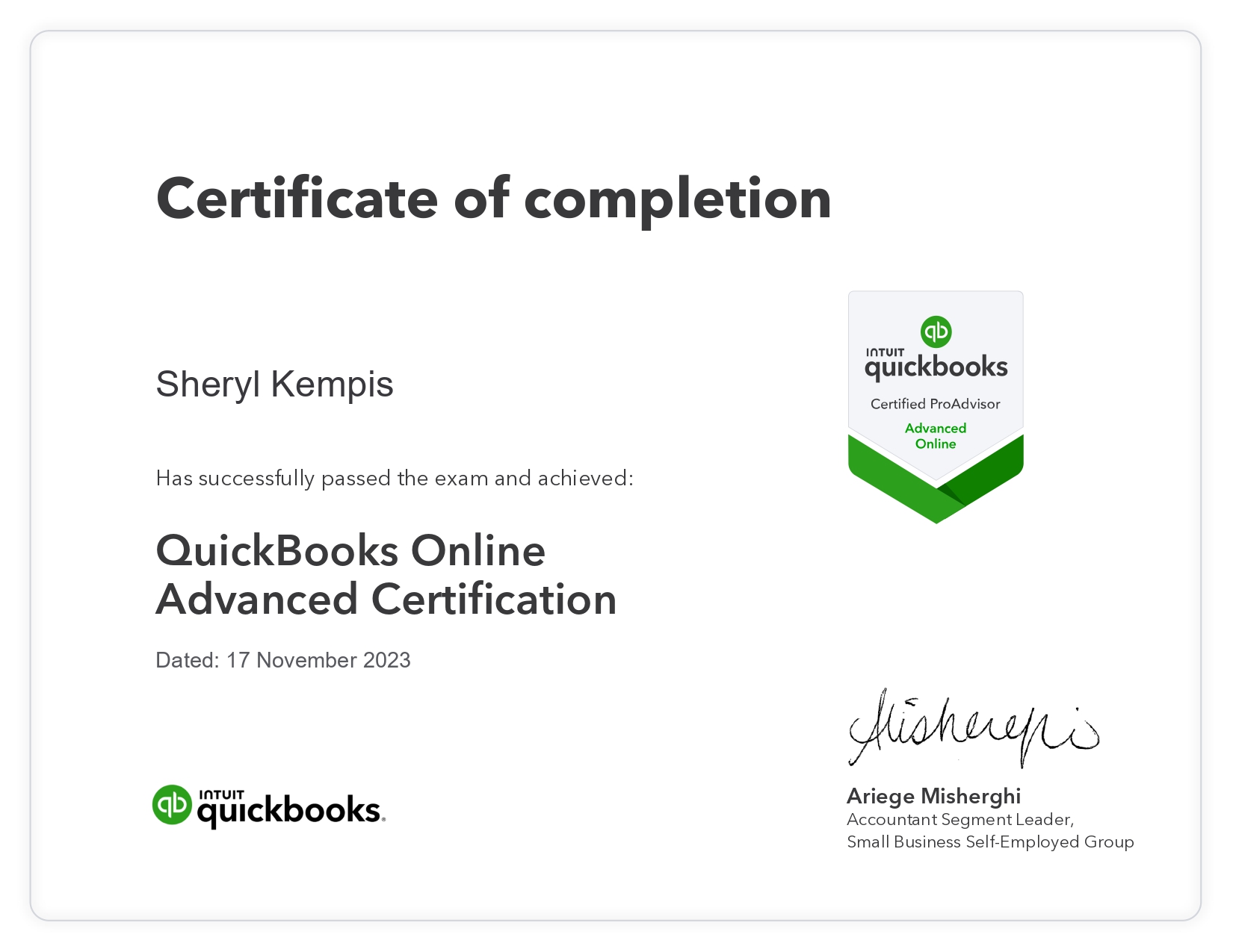 QUICKBOOKS ONLINE CERTIFICATION - ADVANCE PROADVISOR