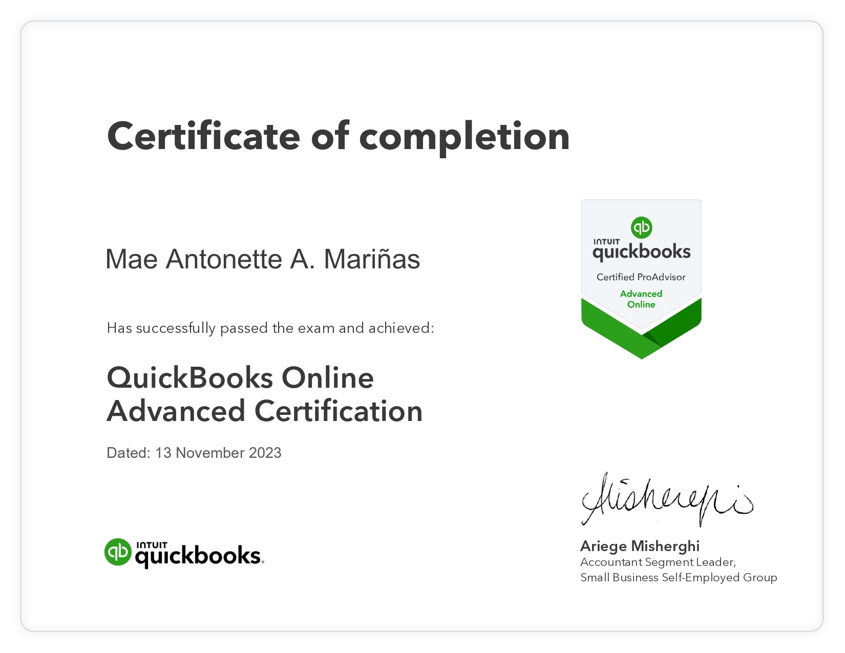 QuickBooks Online Advanced Certified ProAdvisor