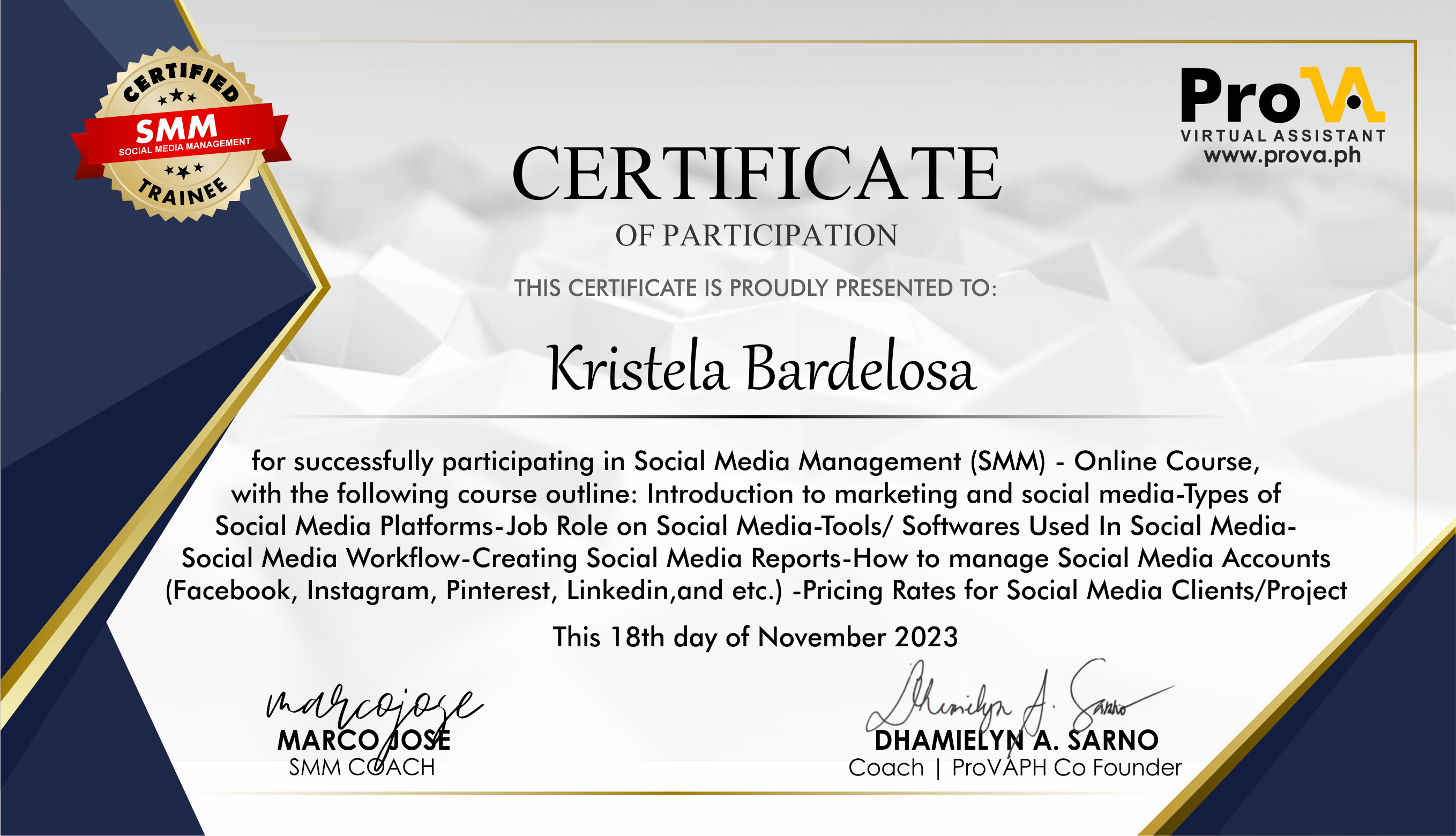 SMM Training Certificate