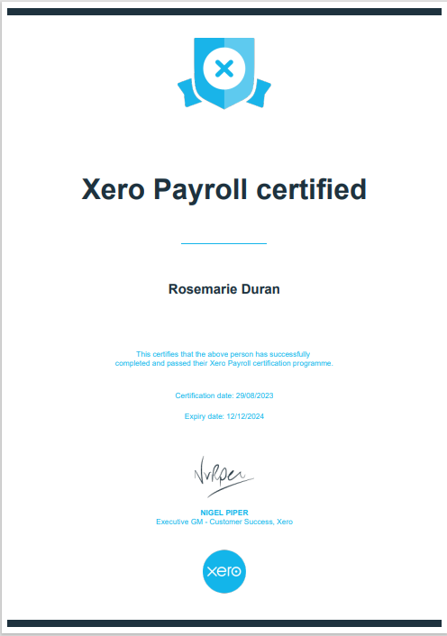 XERO PAYROLL CERTIFICATE