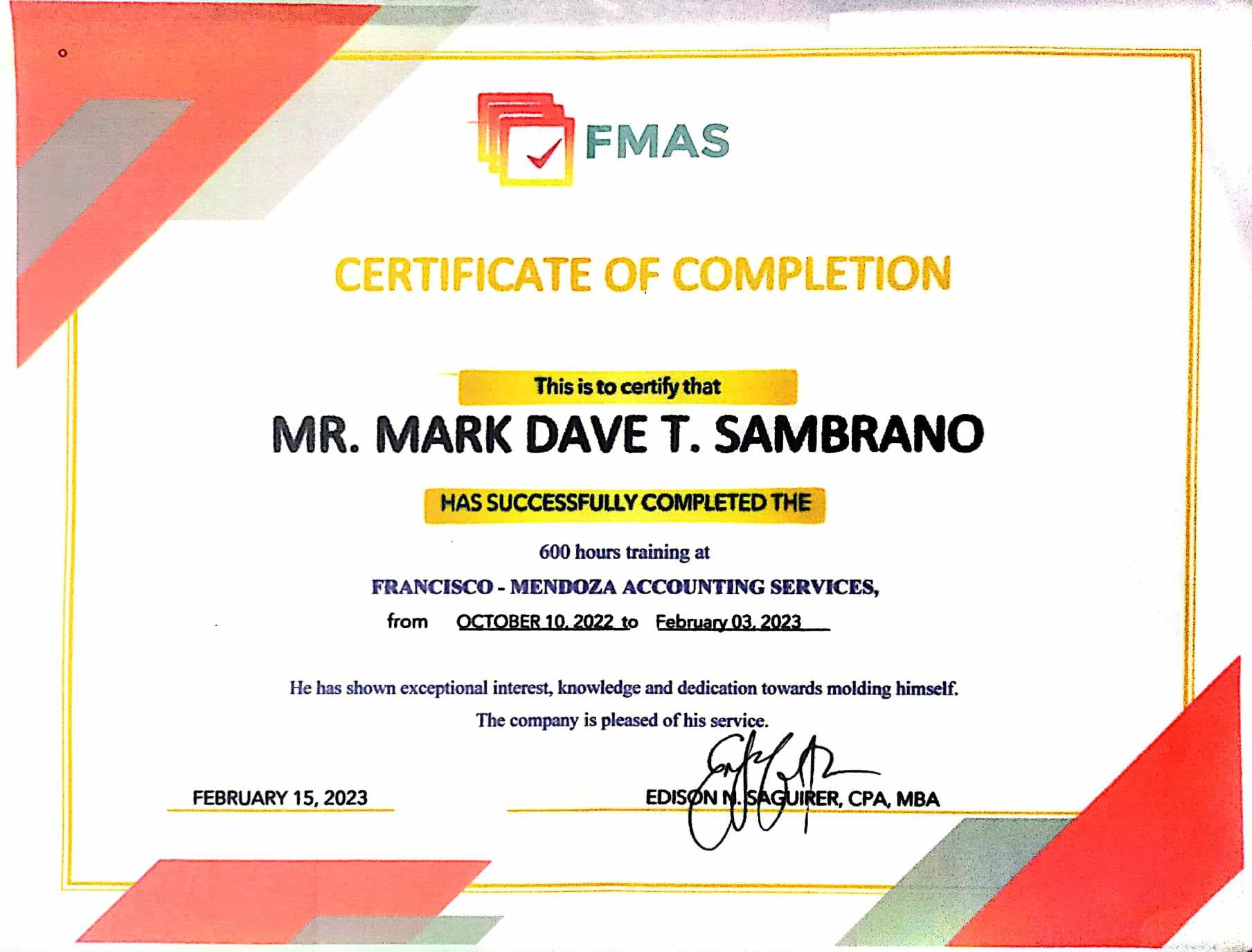 600-hour Training Completion Certification at Francisco-Mendoza Accounting Services