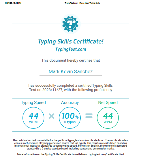 Typing Skills Certificate