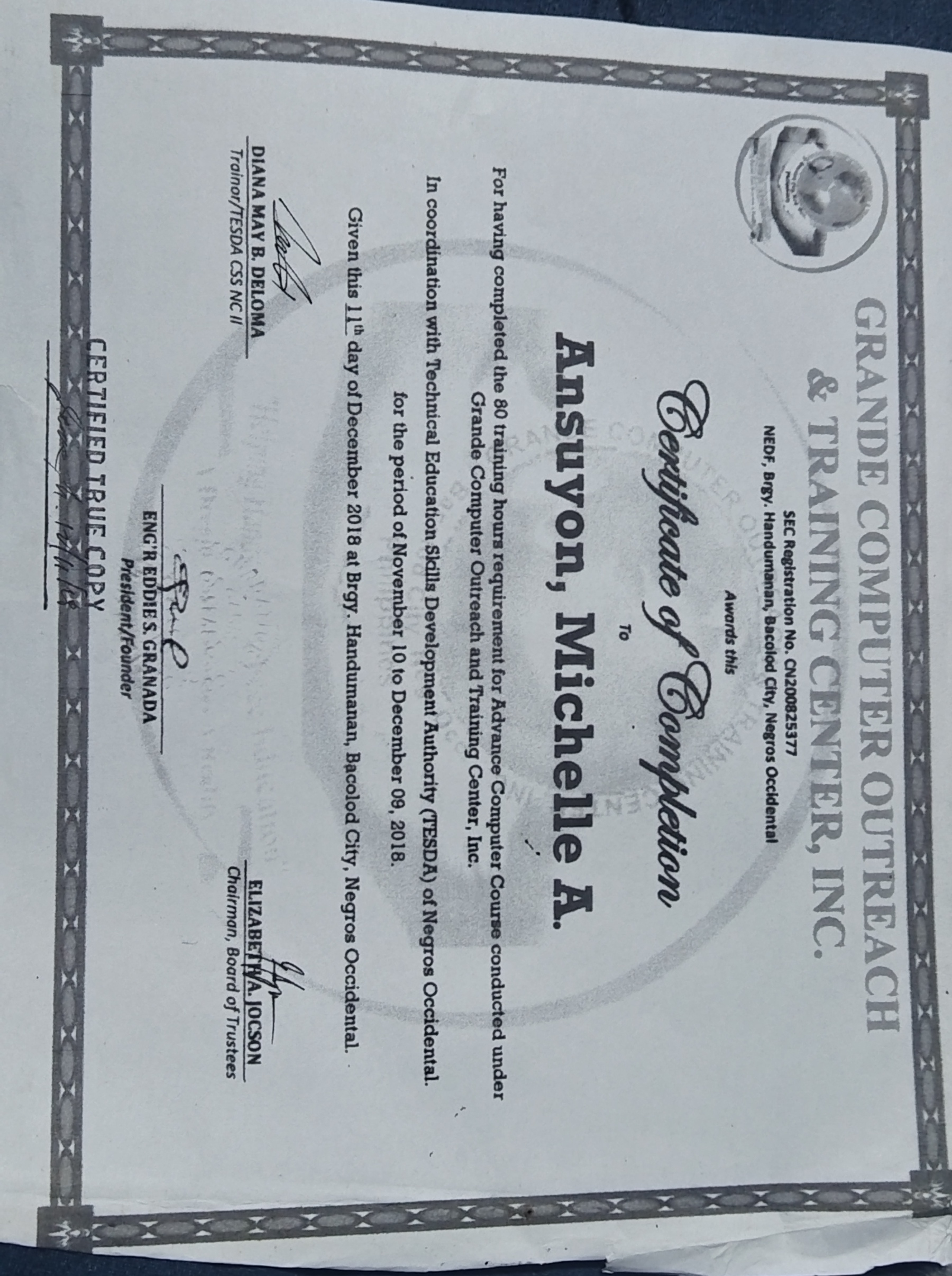 Certificate Advance Computer Course at Grande Computer Outreach and Training Center Inc.