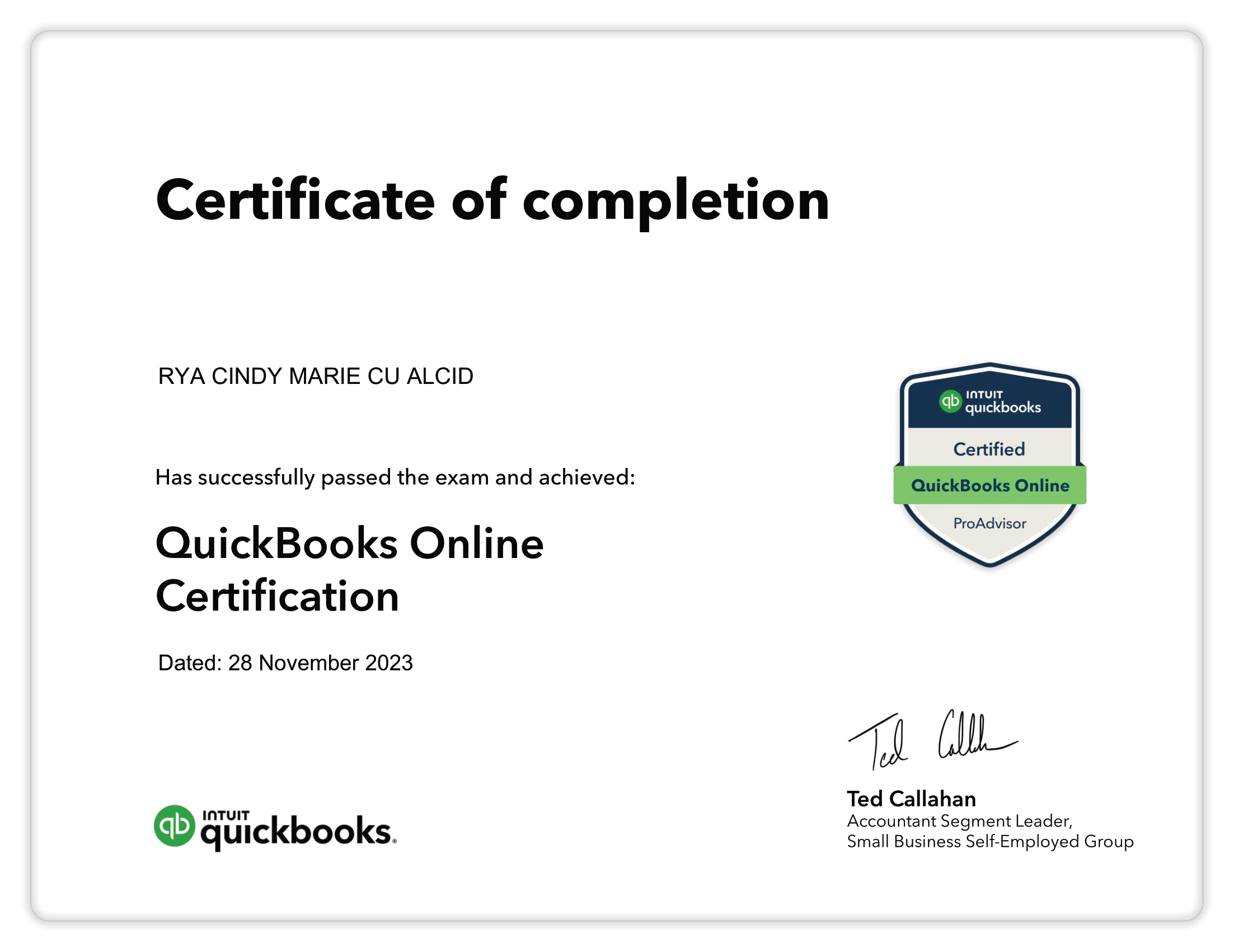 Quickbooks ProAdvisor Certificate