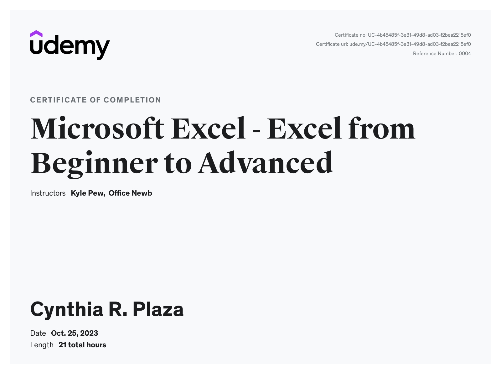 Excel Training Certificate