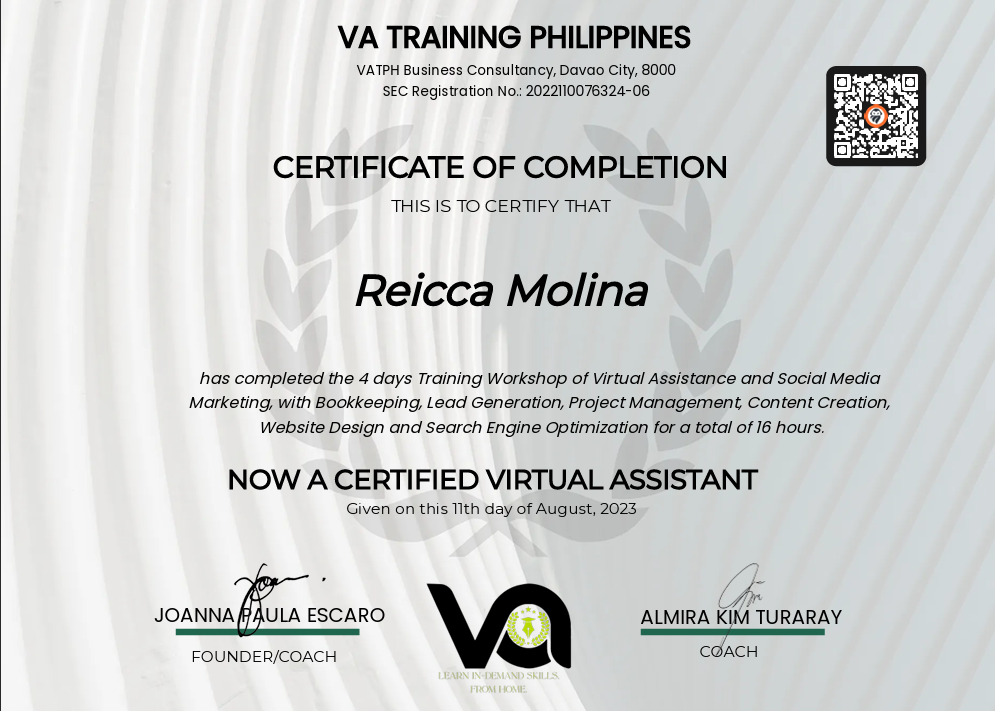 Certificate Training for Virtual Assistant