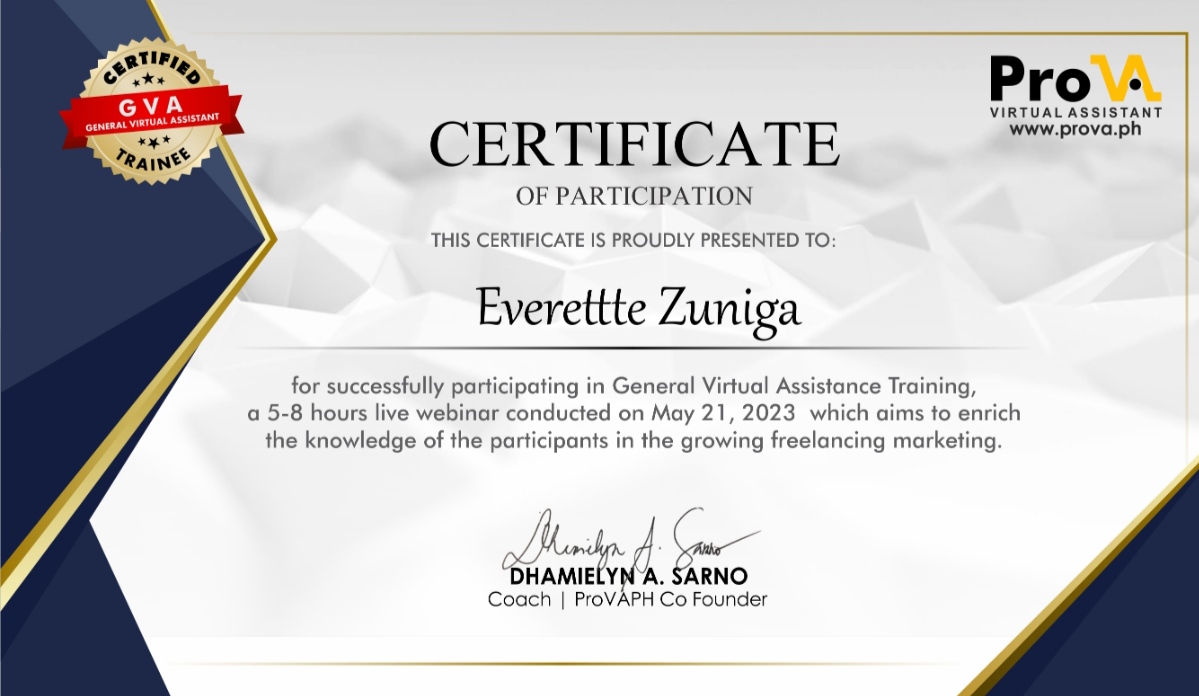 Certificate of Virtual Assistance Training