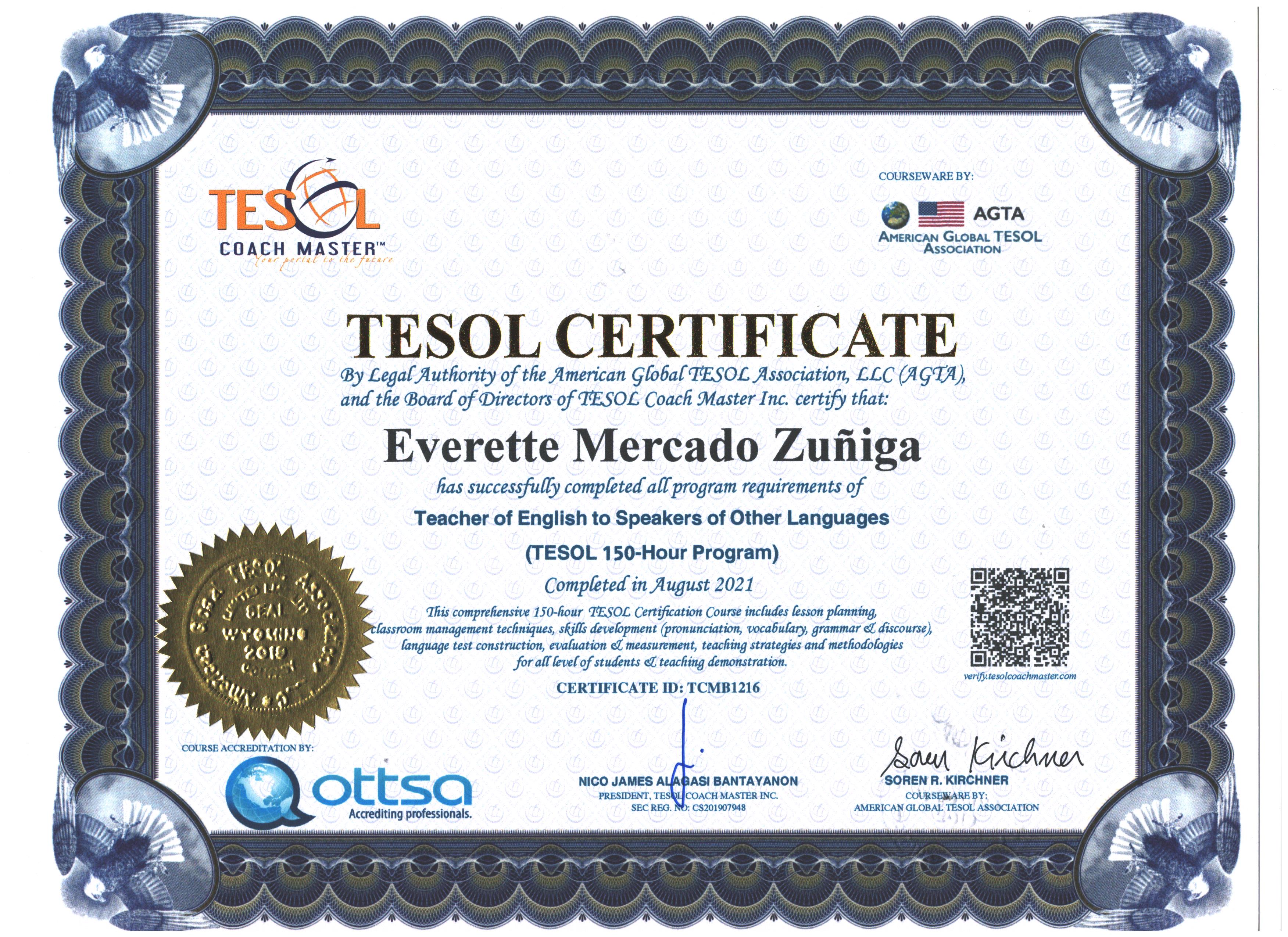 Teacher of English to Speakers of Other Languages Certificate