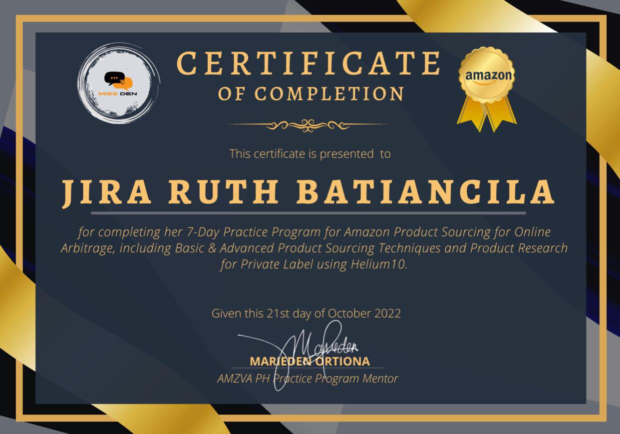 Certificate of Completion during the 7-Day Practice Program for Amazon Product Sourcing for OA and PL