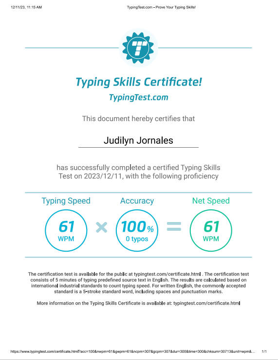 Typing Test Certificate