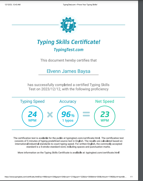 My typing skills Certificate