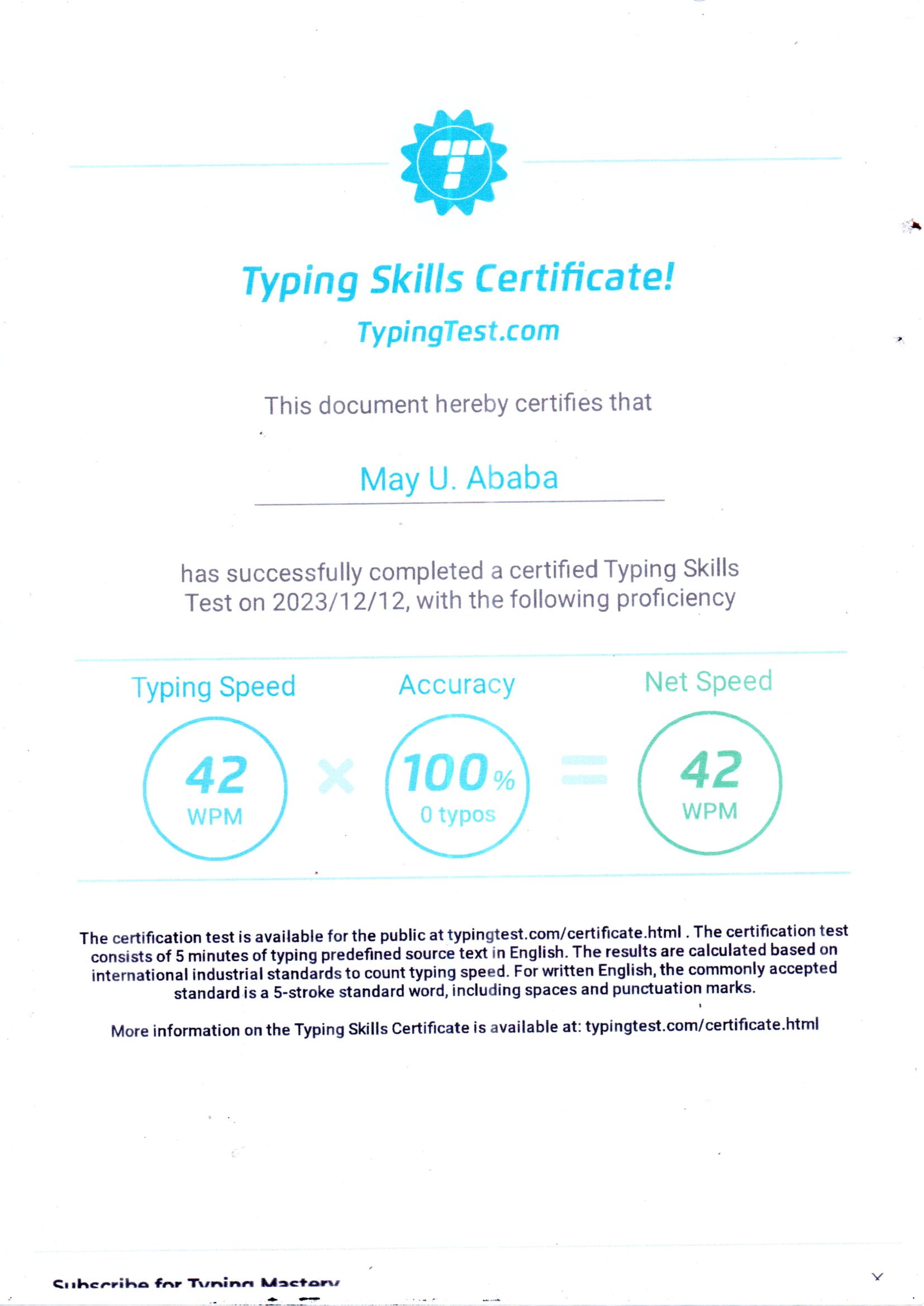 TYPING TEST CERTIFICATE