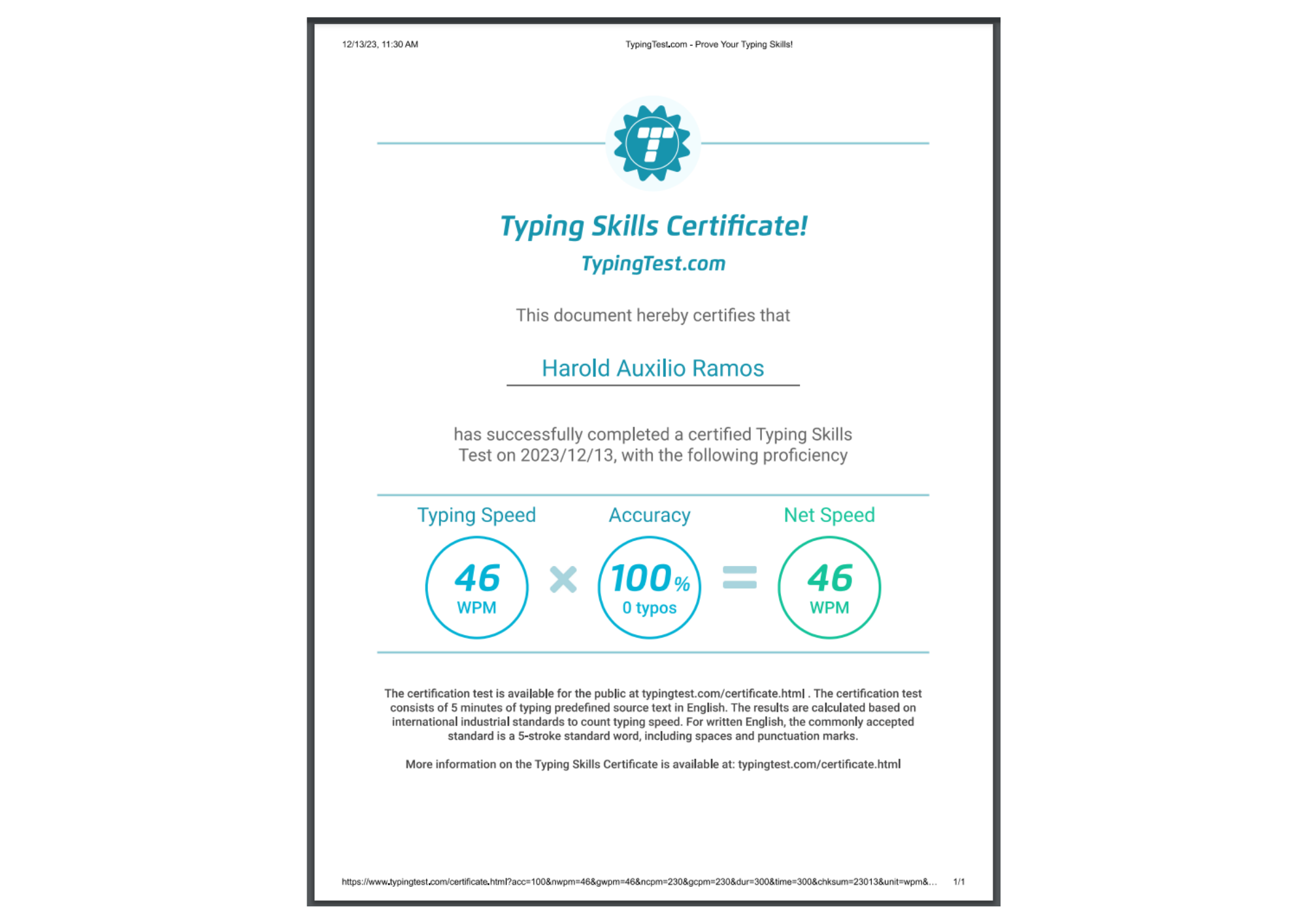 Typing Skills Certificate