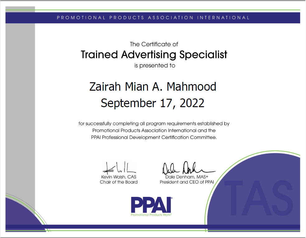 Trained Advertising Specialist & Certified Advertising Specialist (CAS) Provider: Promotional Products Association International