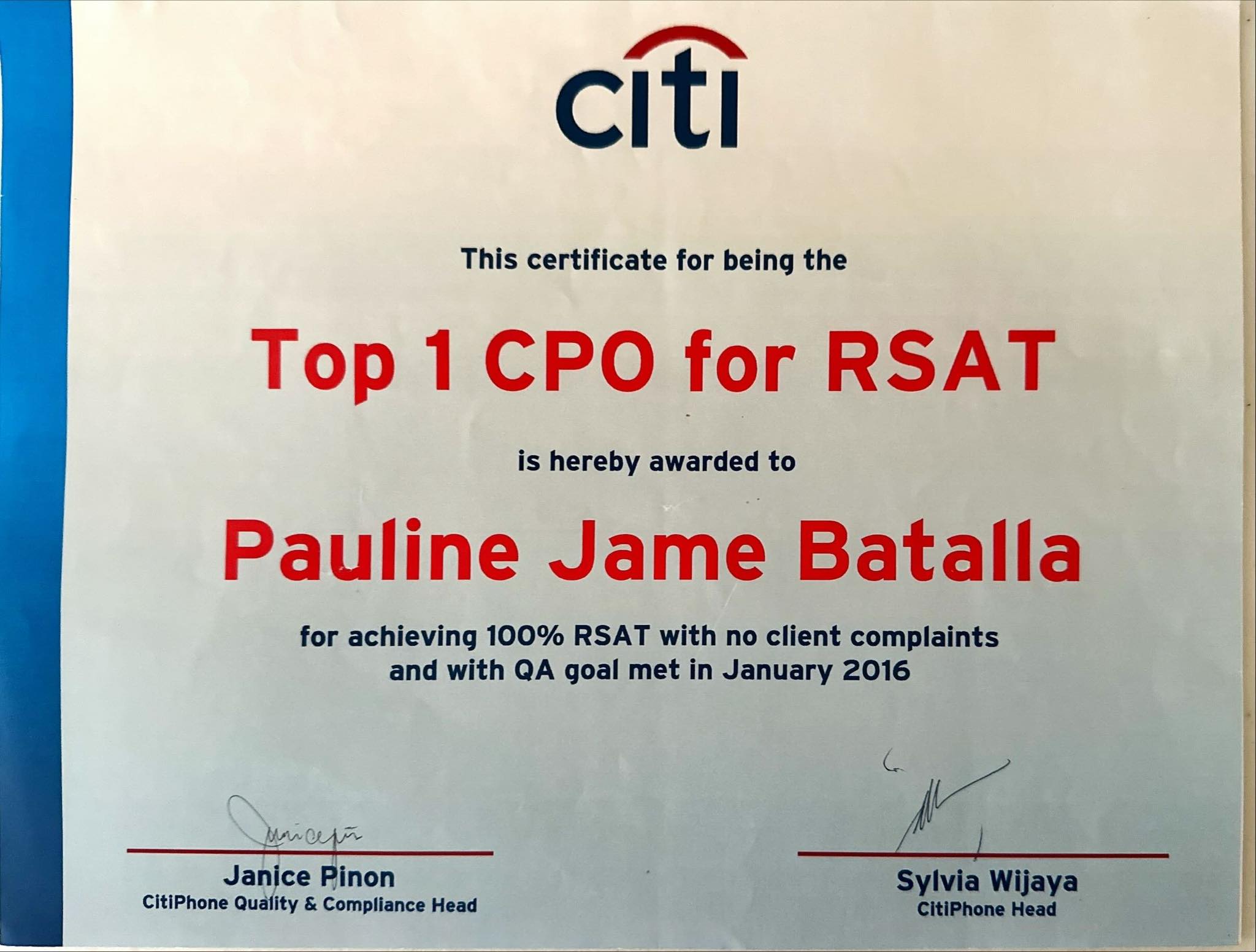 Certificate of Achievement from CITIBANK