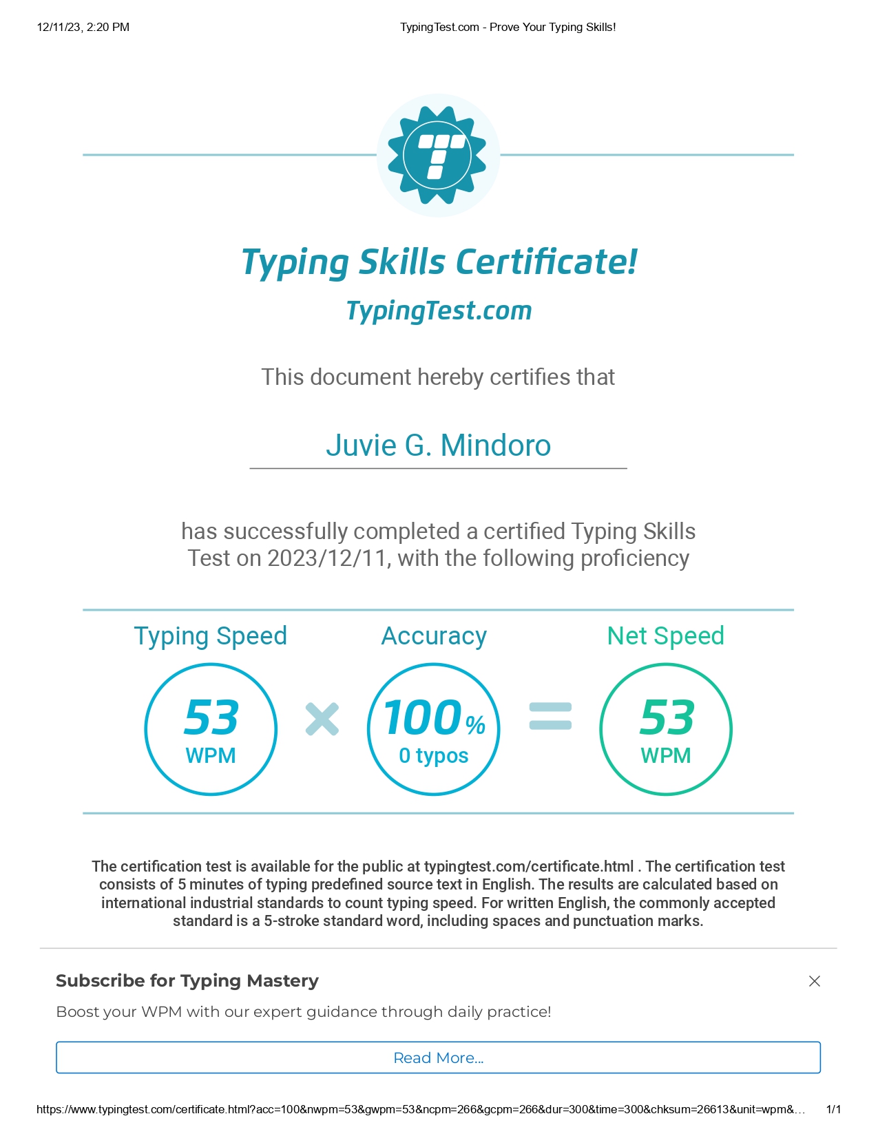 Typing Test Certificate