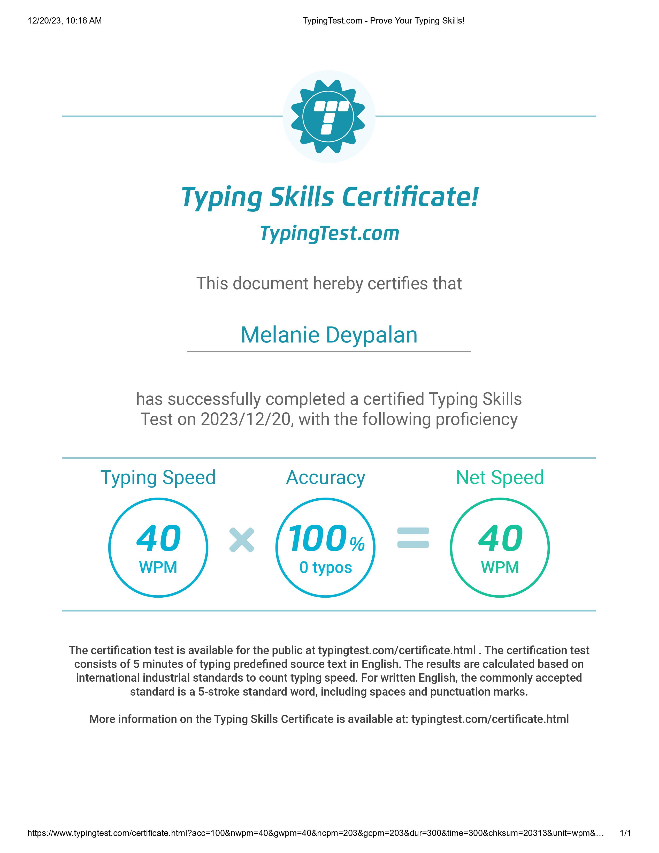 Typing Test Certificate