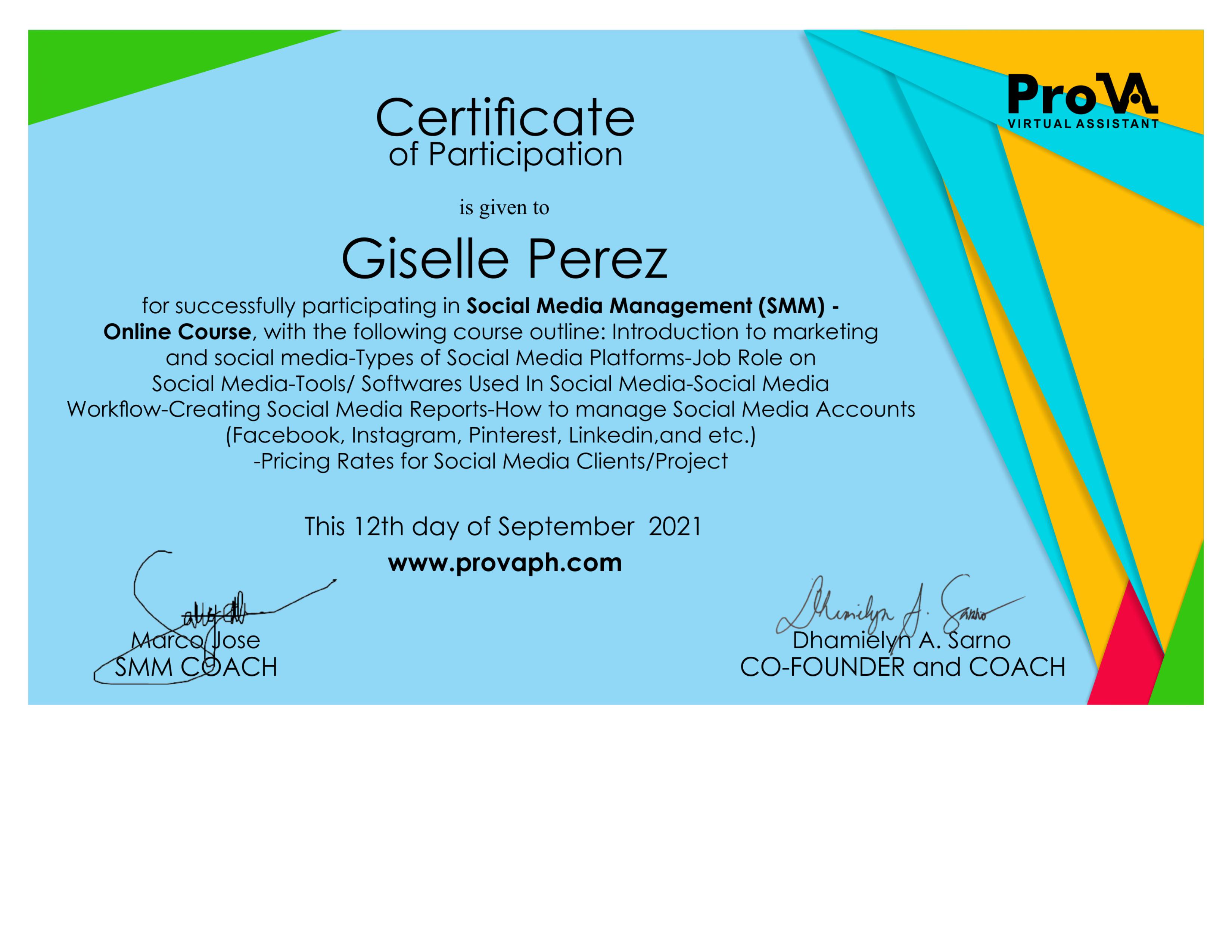 Social Media Management Course Certificate