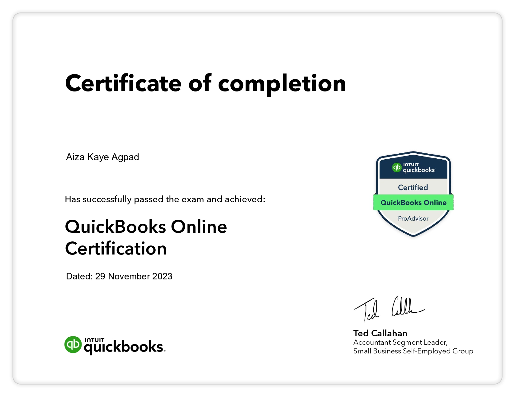 Certified Quickbooks Online ProAdvisor