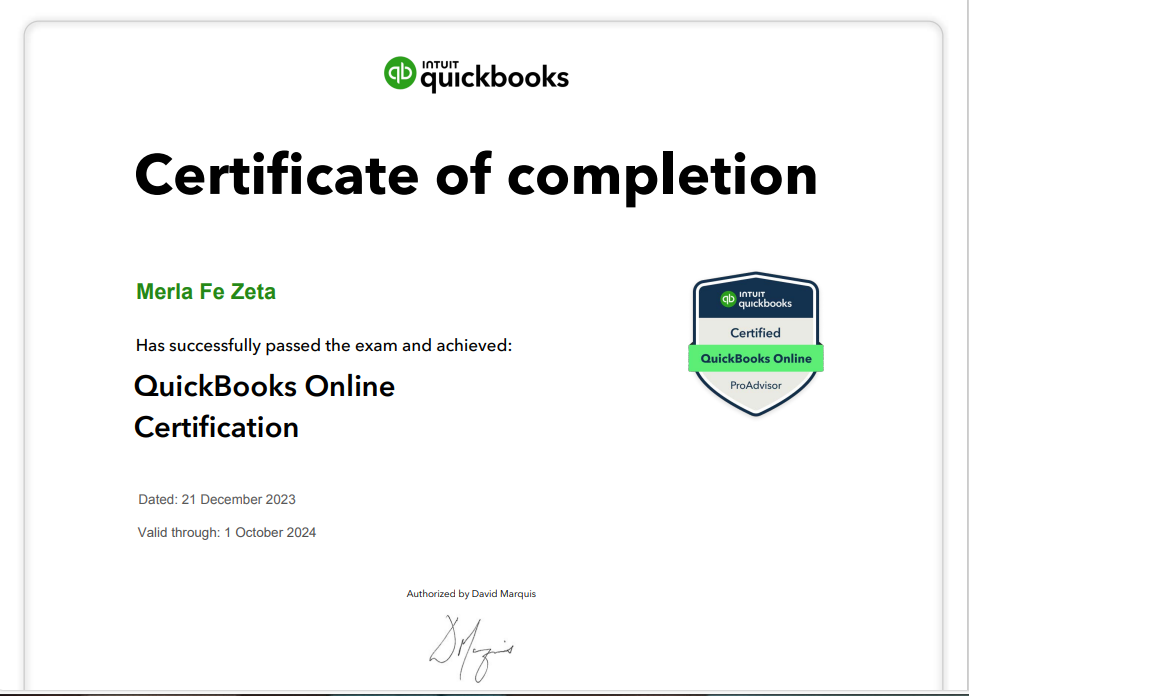 QucikBooks Certificate