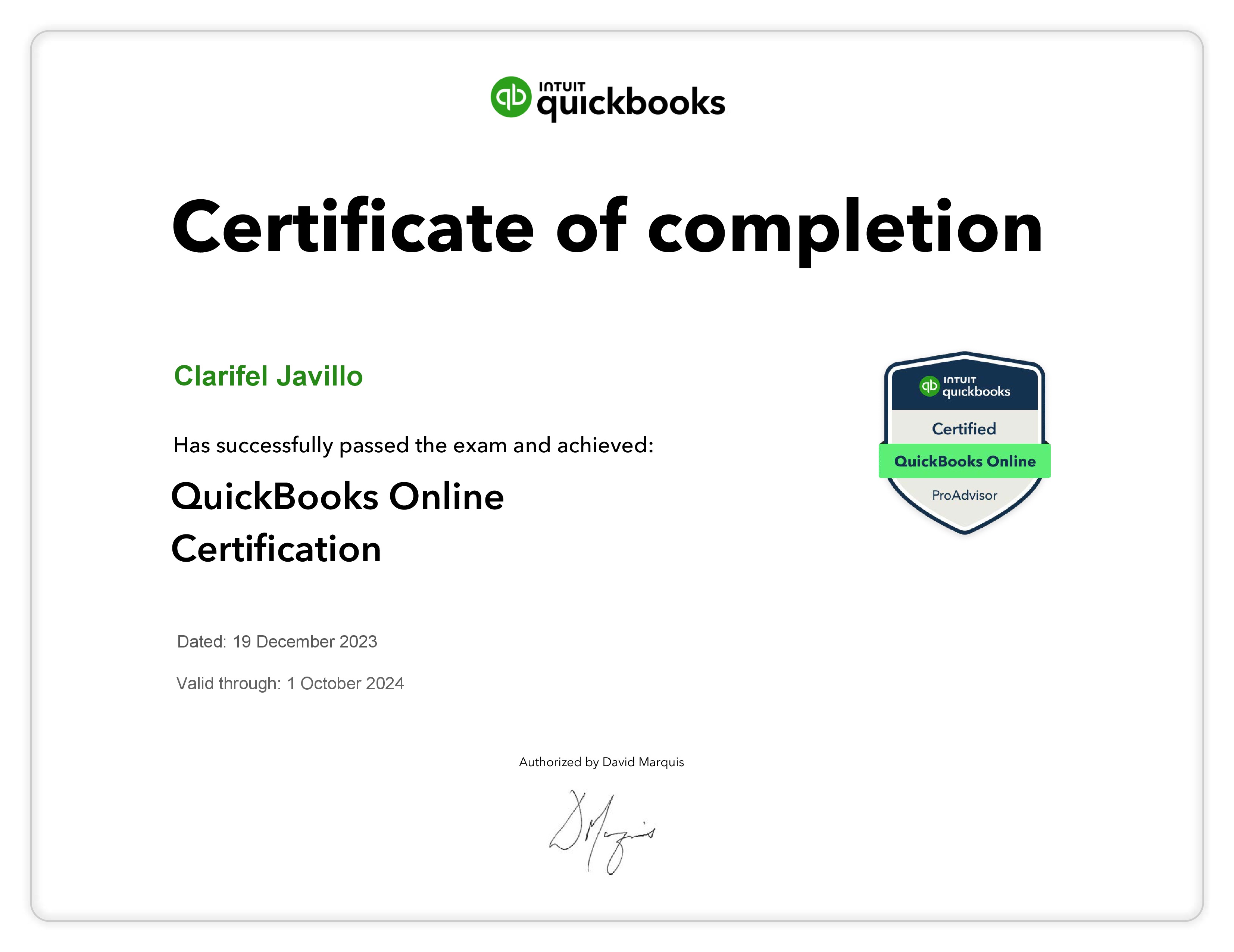 Certified QuickBooks Online ProAdvisor