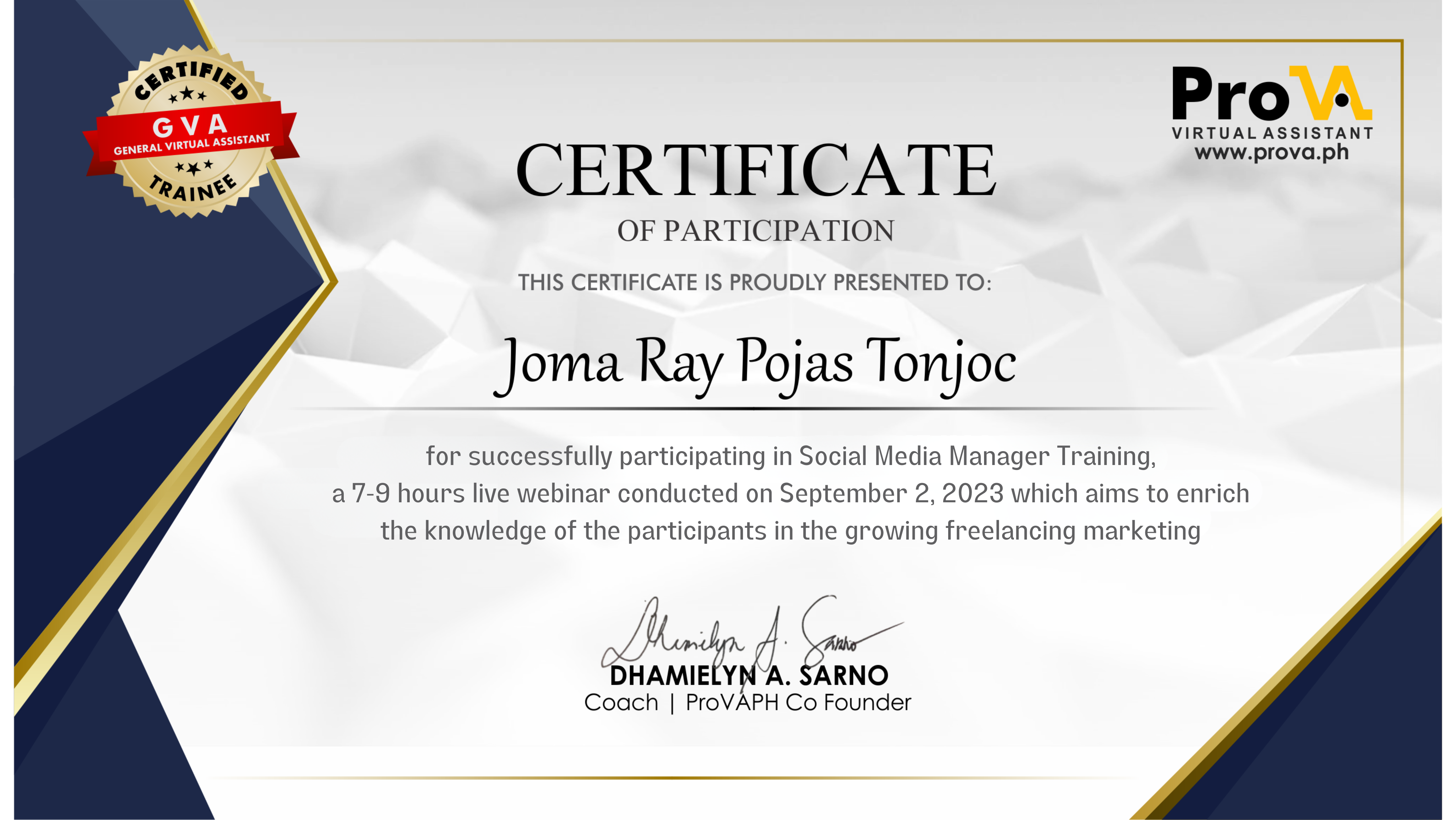 SMM Training Certificate