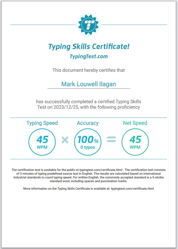 Typing Skills Certificate