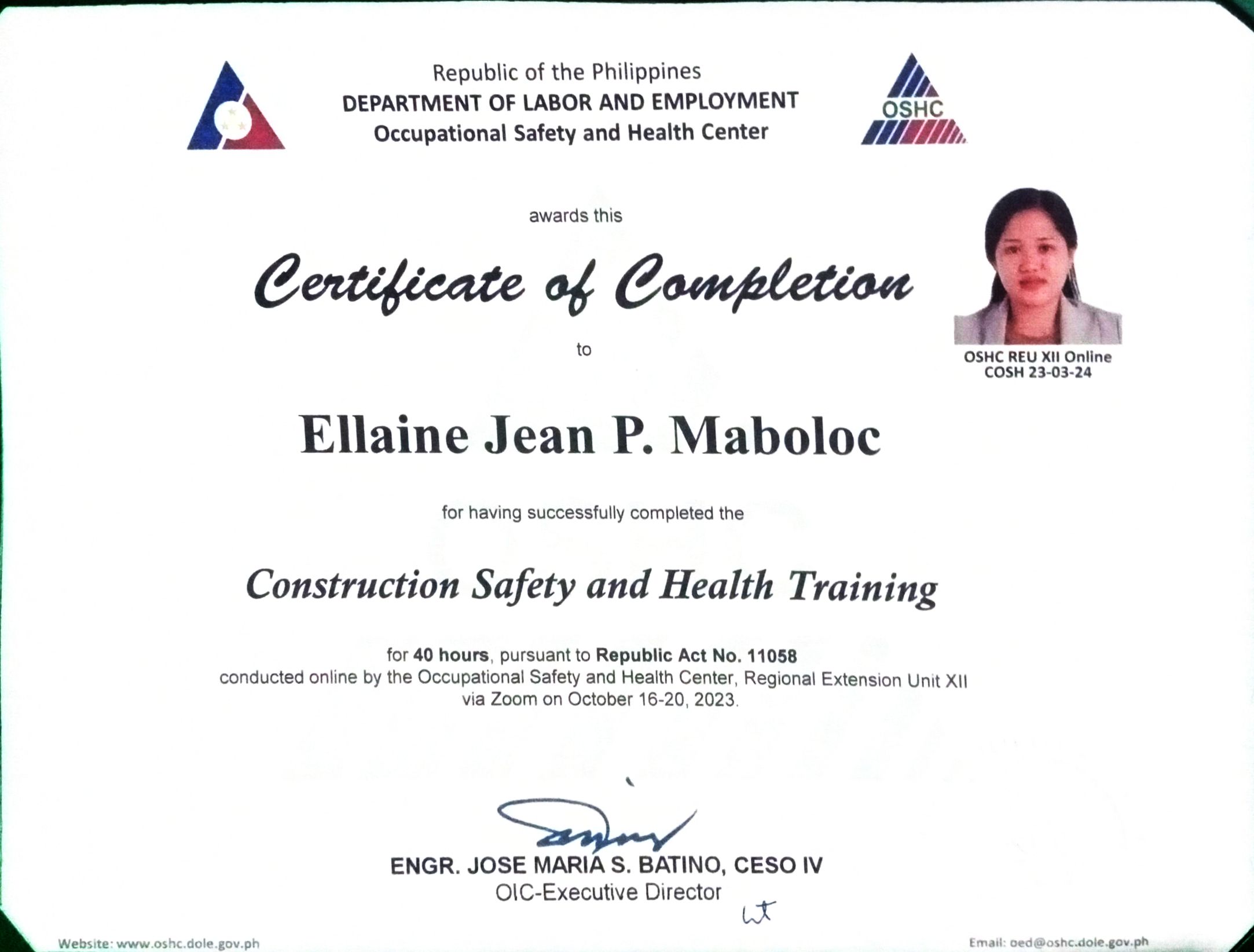 Certificate of Construction Safety and Health Training