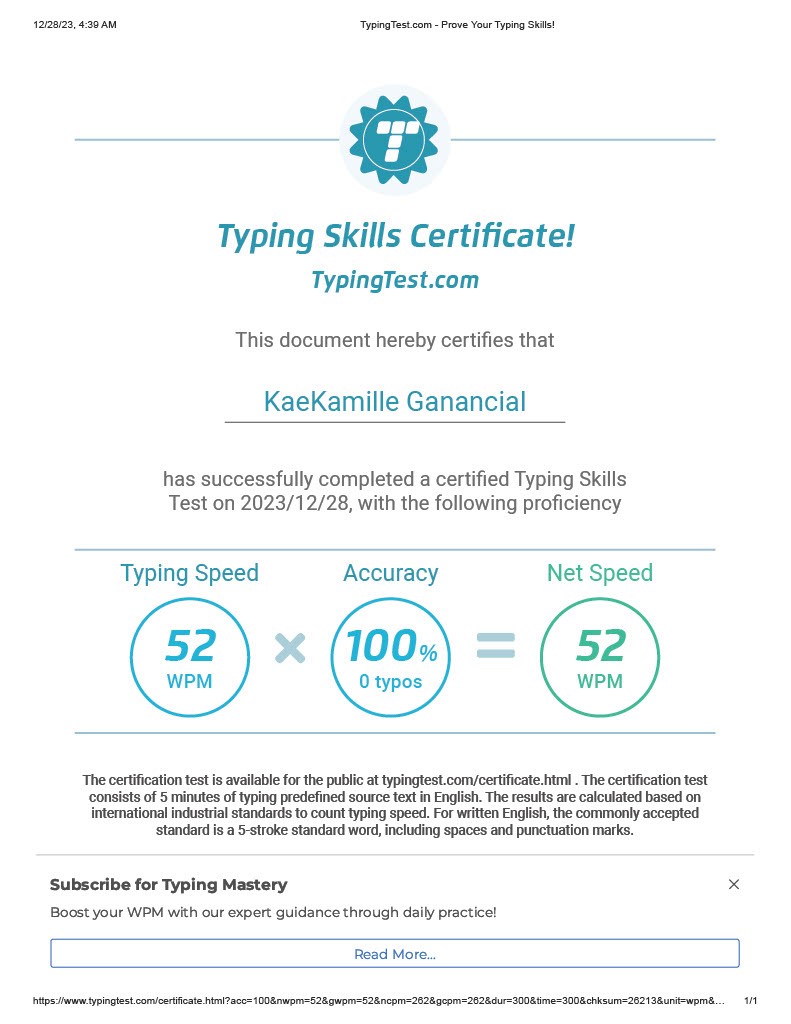 Typing Test Certificate