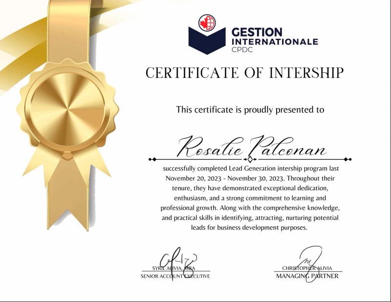 Gestion Internationale Internship Certificate