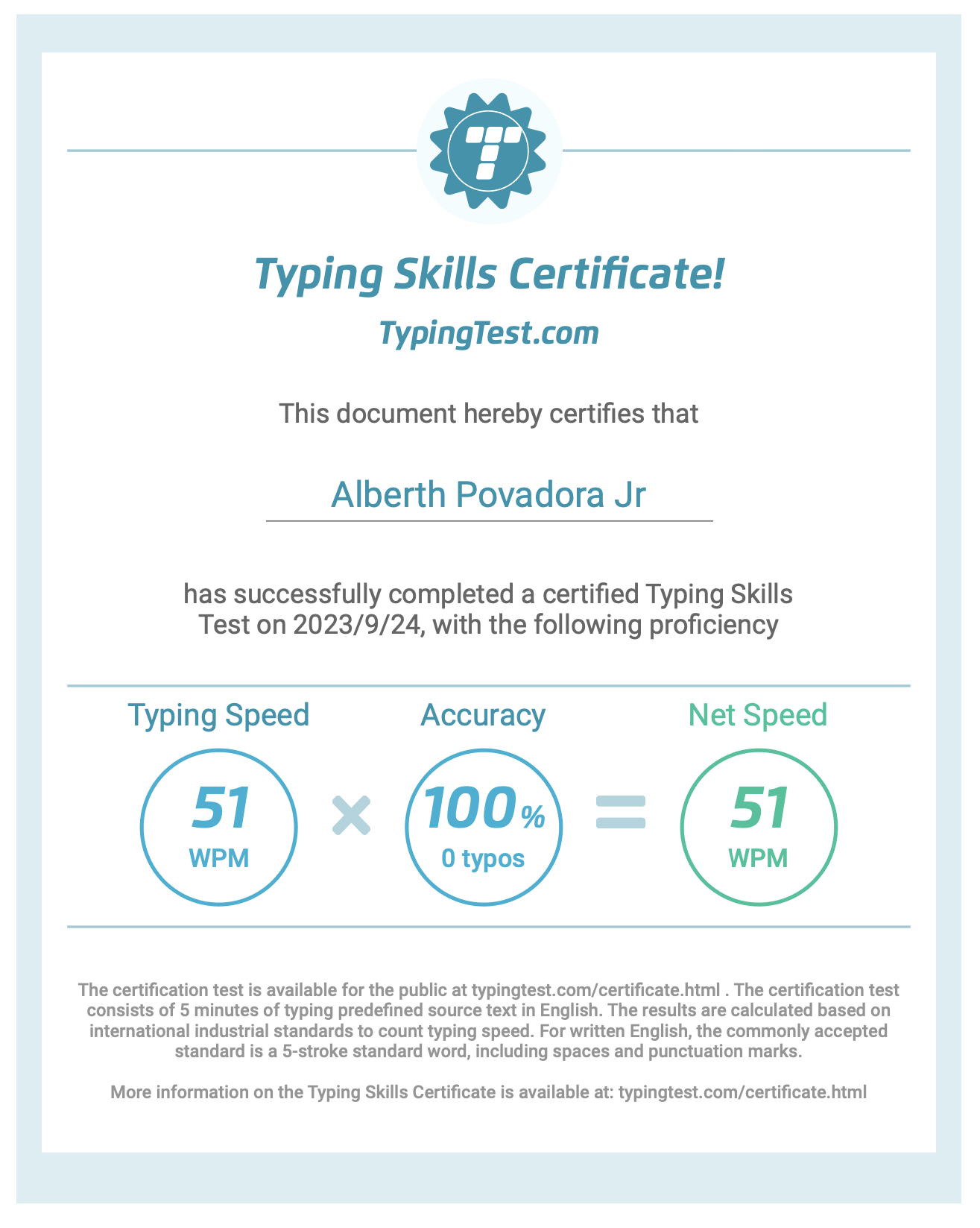 TYPING SKILLS CERTIFICATE