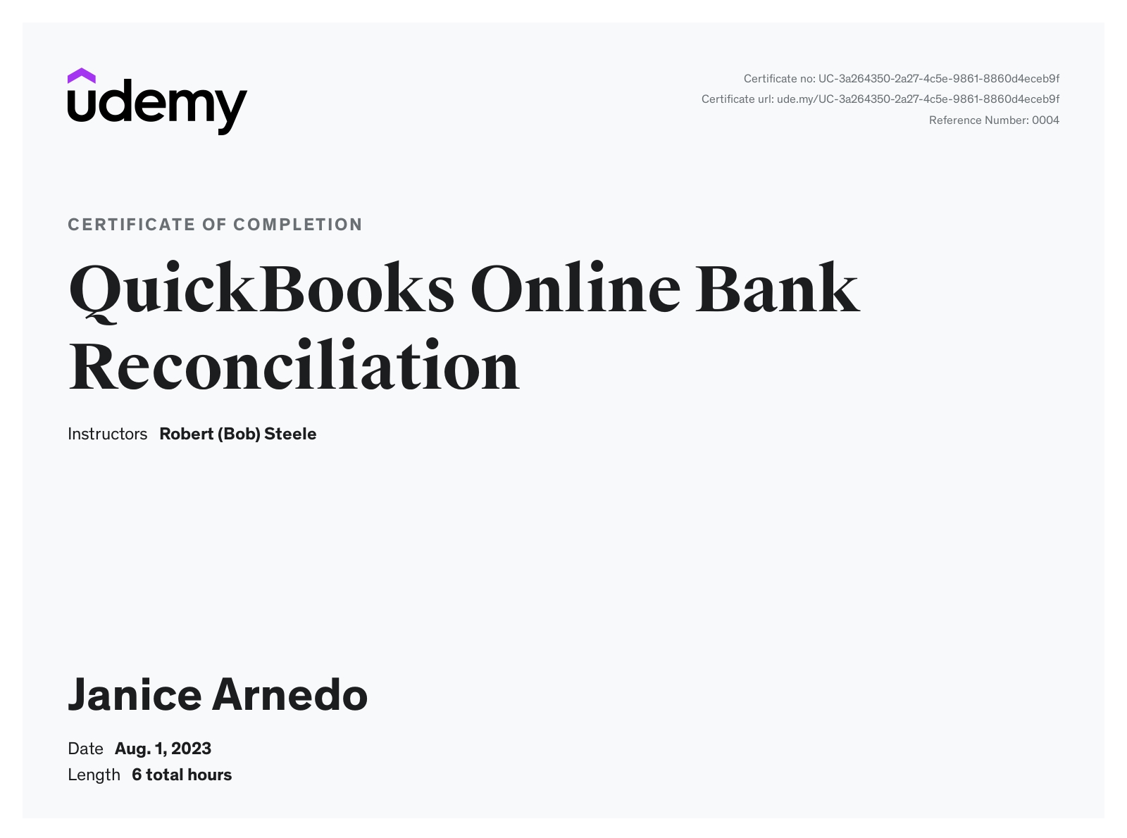 Udemy Bank Reconciliation Certificate