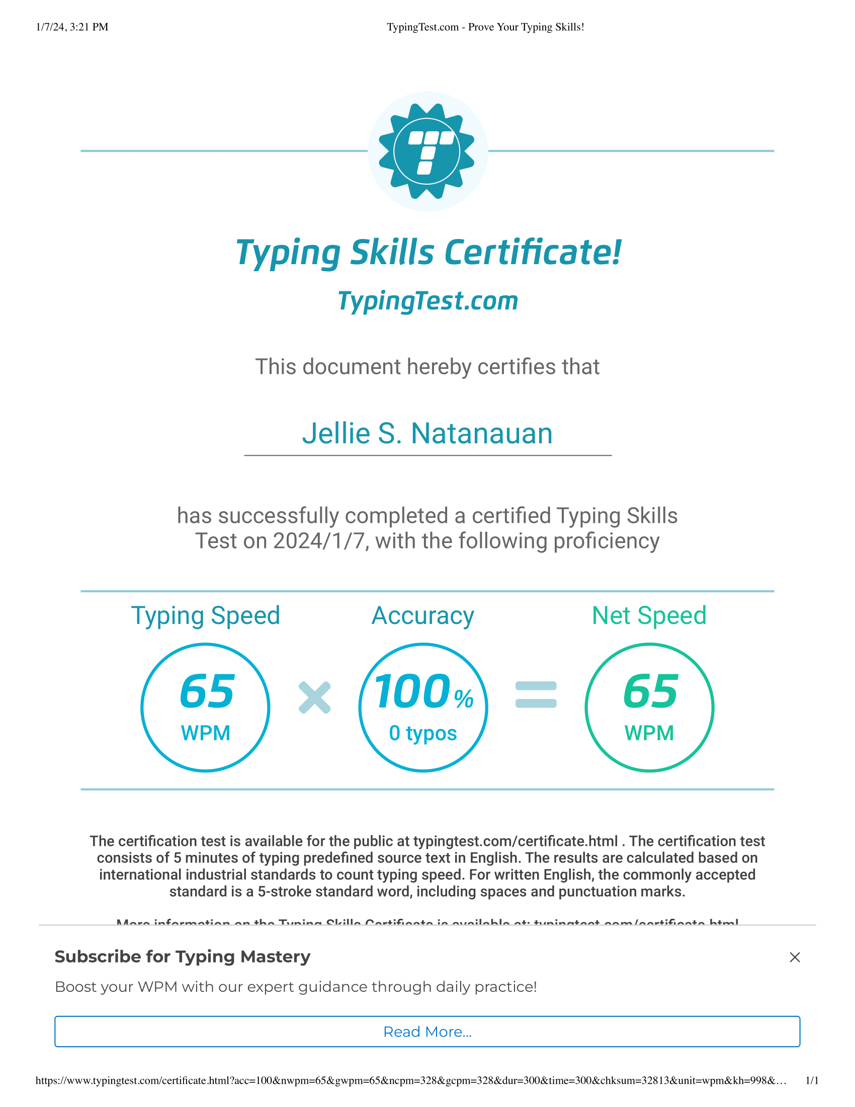 Typing Skills Certificate