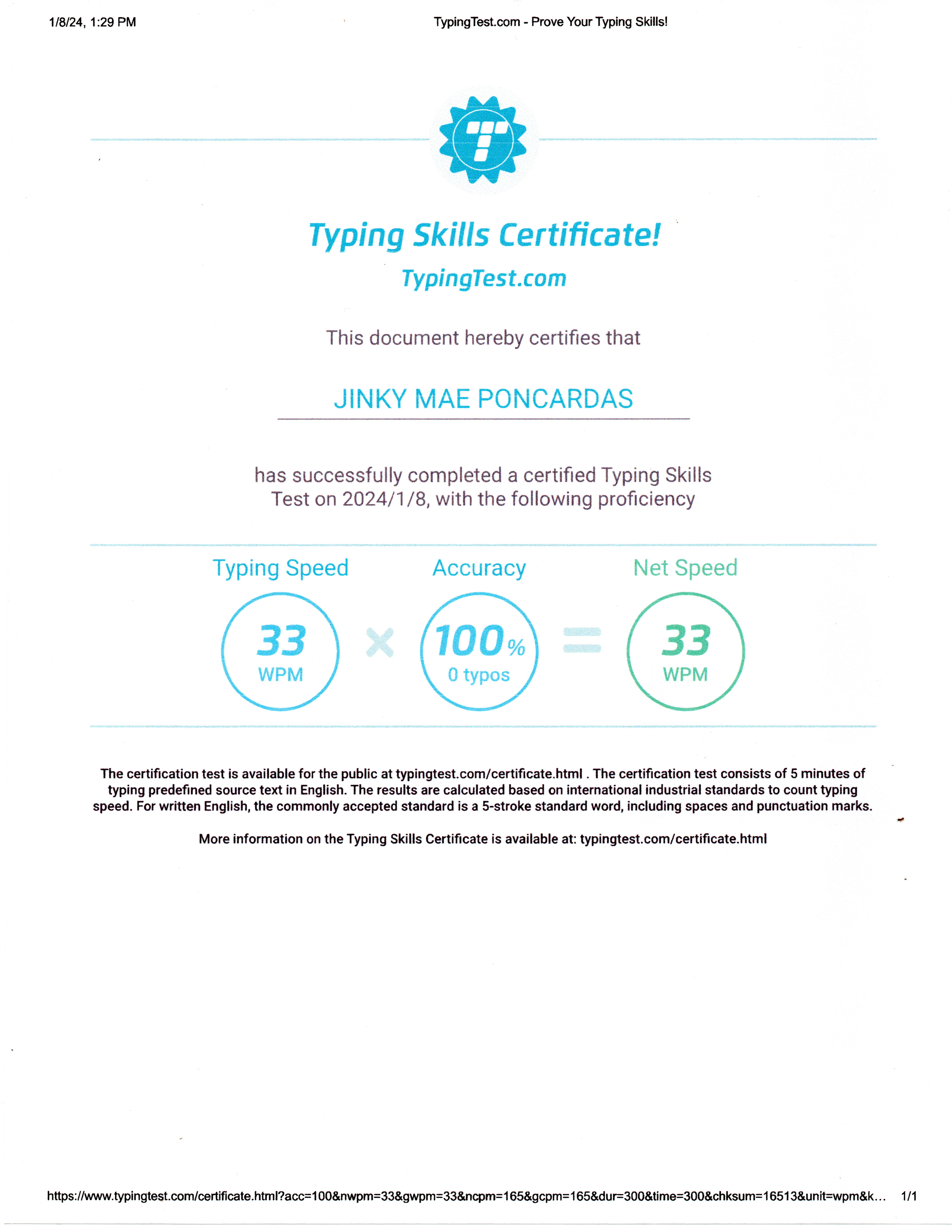 Typing Skills Certificate