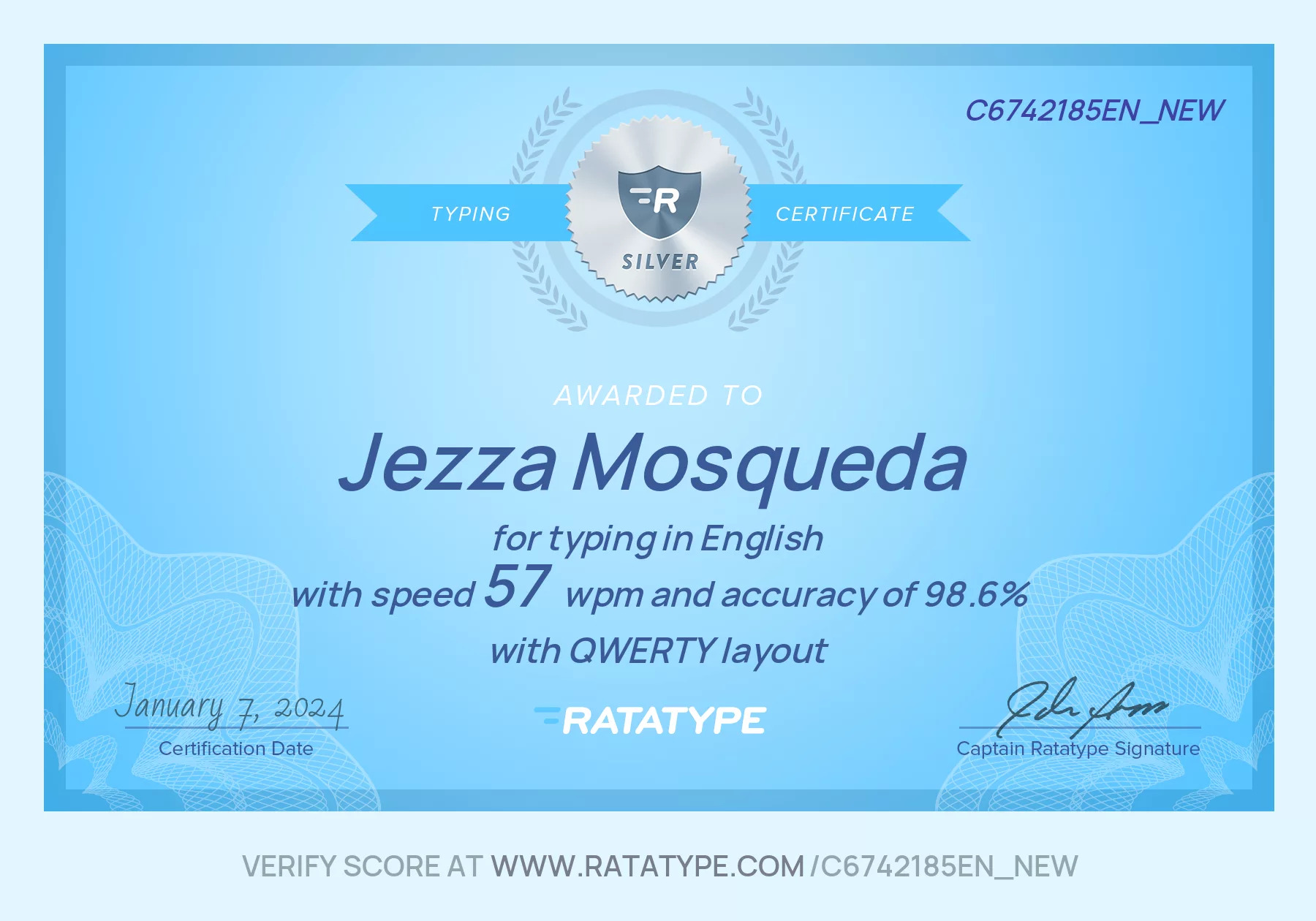 Ratatype Typing skill Certificate