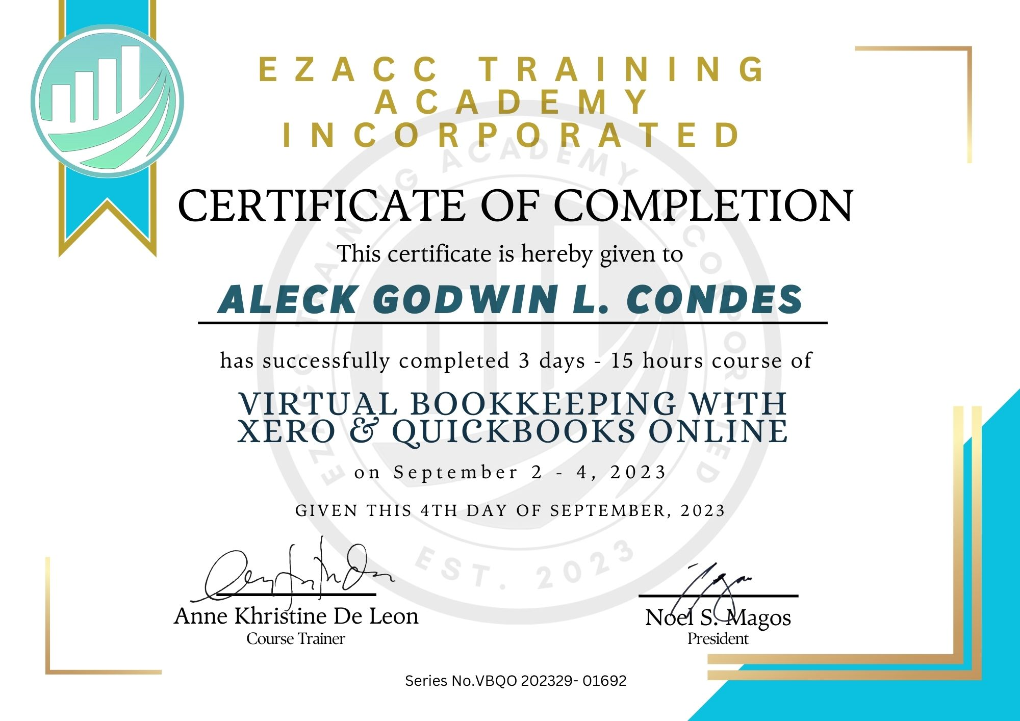 Certificate of Completion - Virtual Bookkeeping with Xero & Quickbooks Online