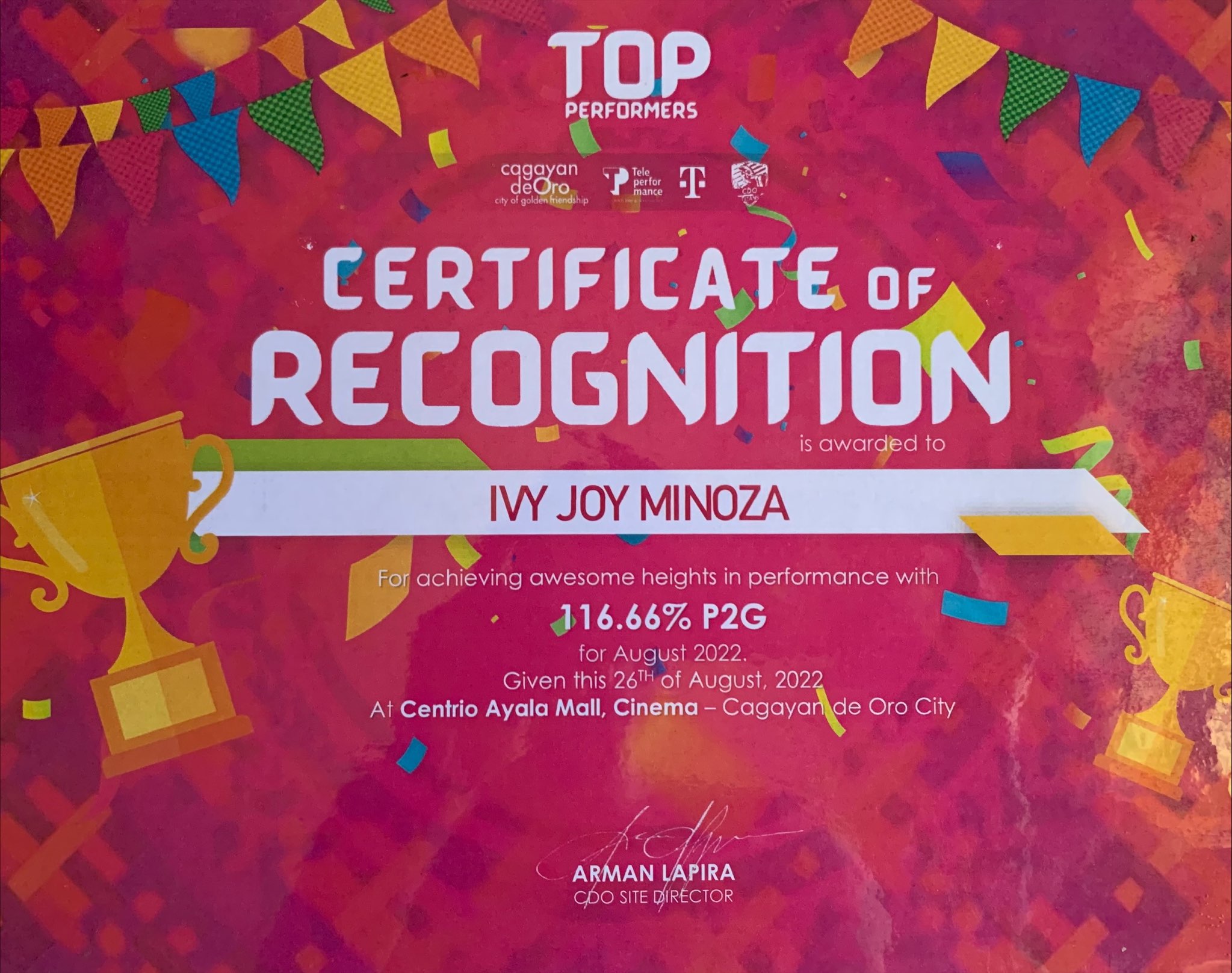 Customer Service Recognition Certificate
