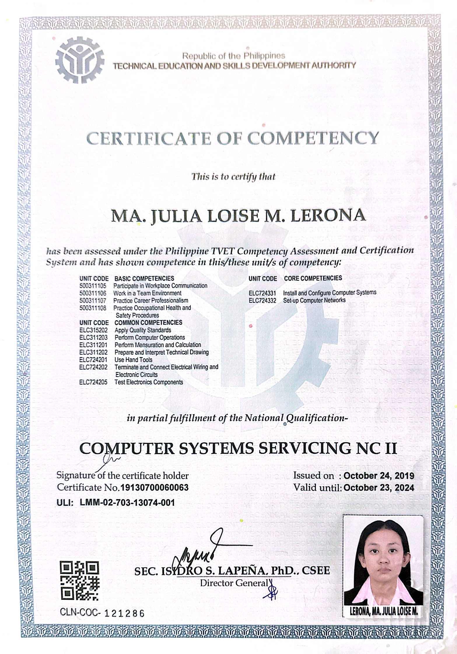 NC II Certificate for Computer System Servicing.