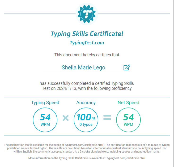 Typing Certificate