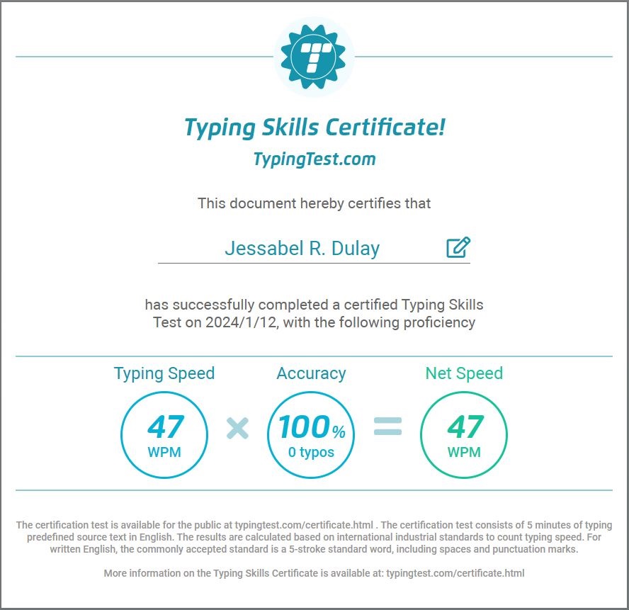 Typing Skills Certificate