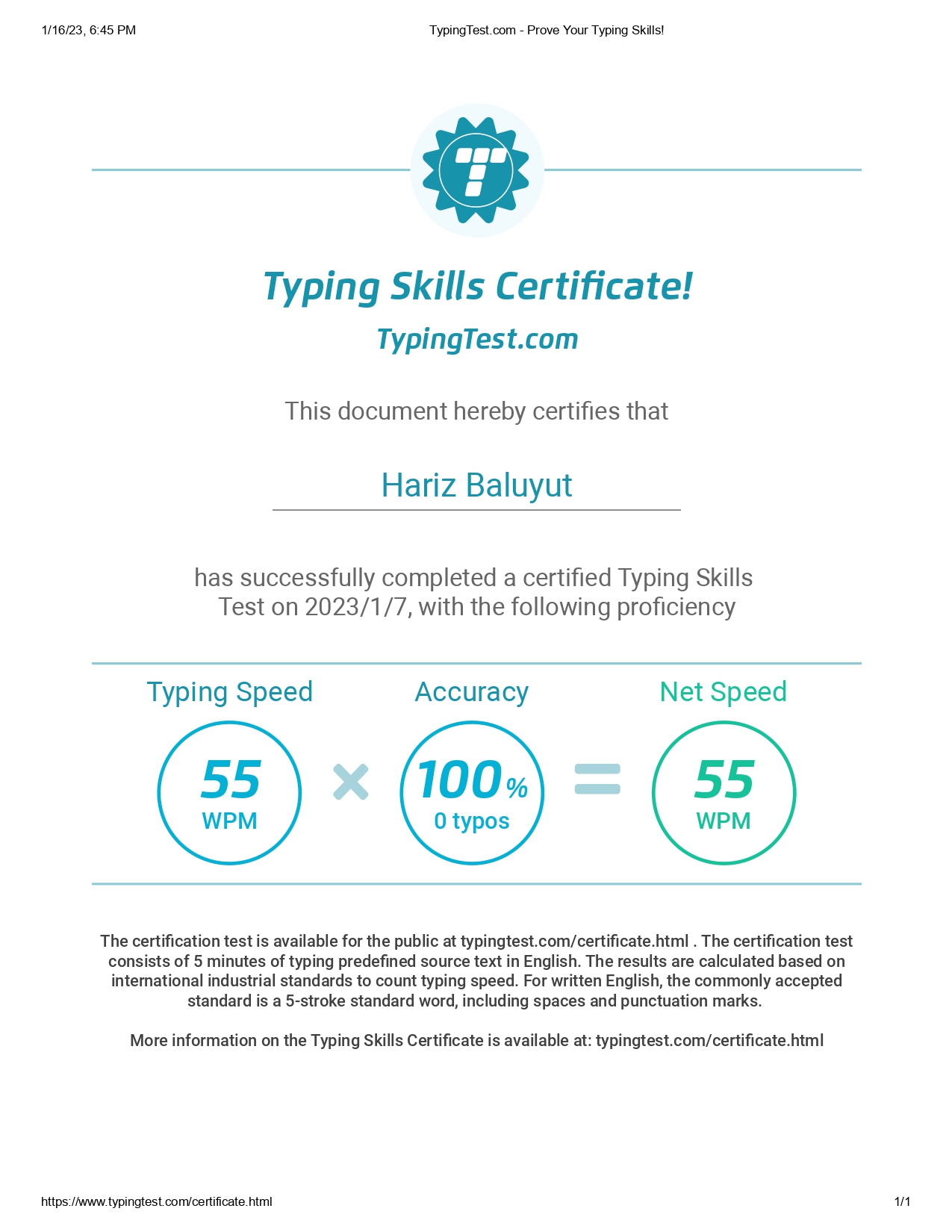 Typing Certificate