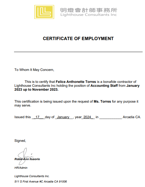 Certificate of Employent- Lighthouse Consultants Inc