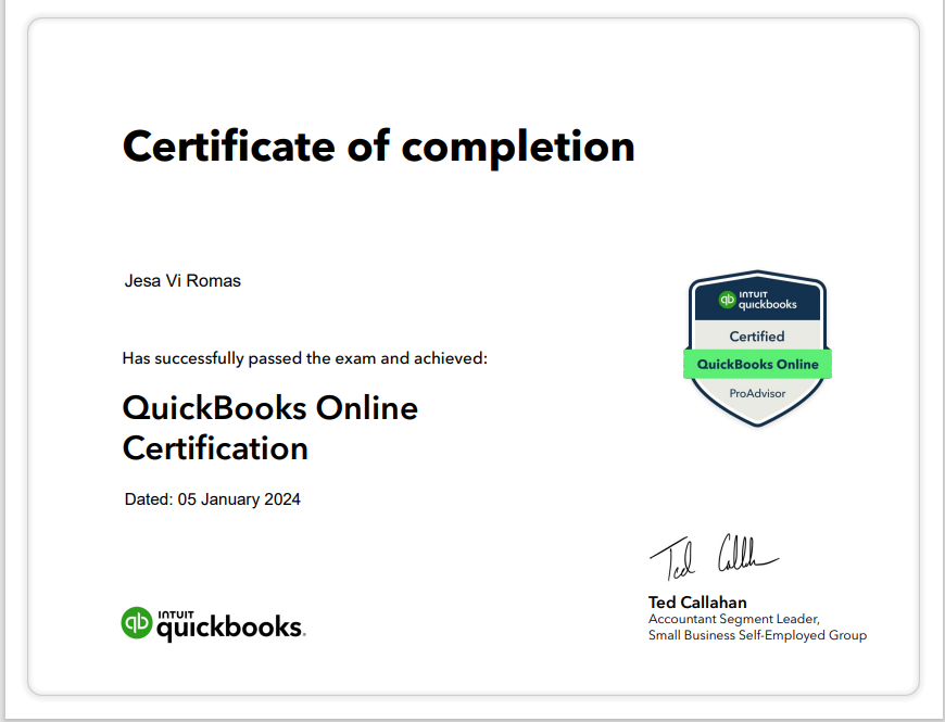 Certified Quickbooks Online ProAdvisor