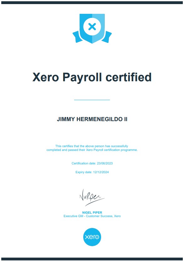 XERO PAYROLL CERTIFICATE