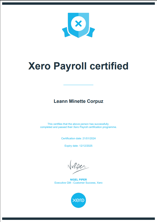 Xero Payroll Certificate