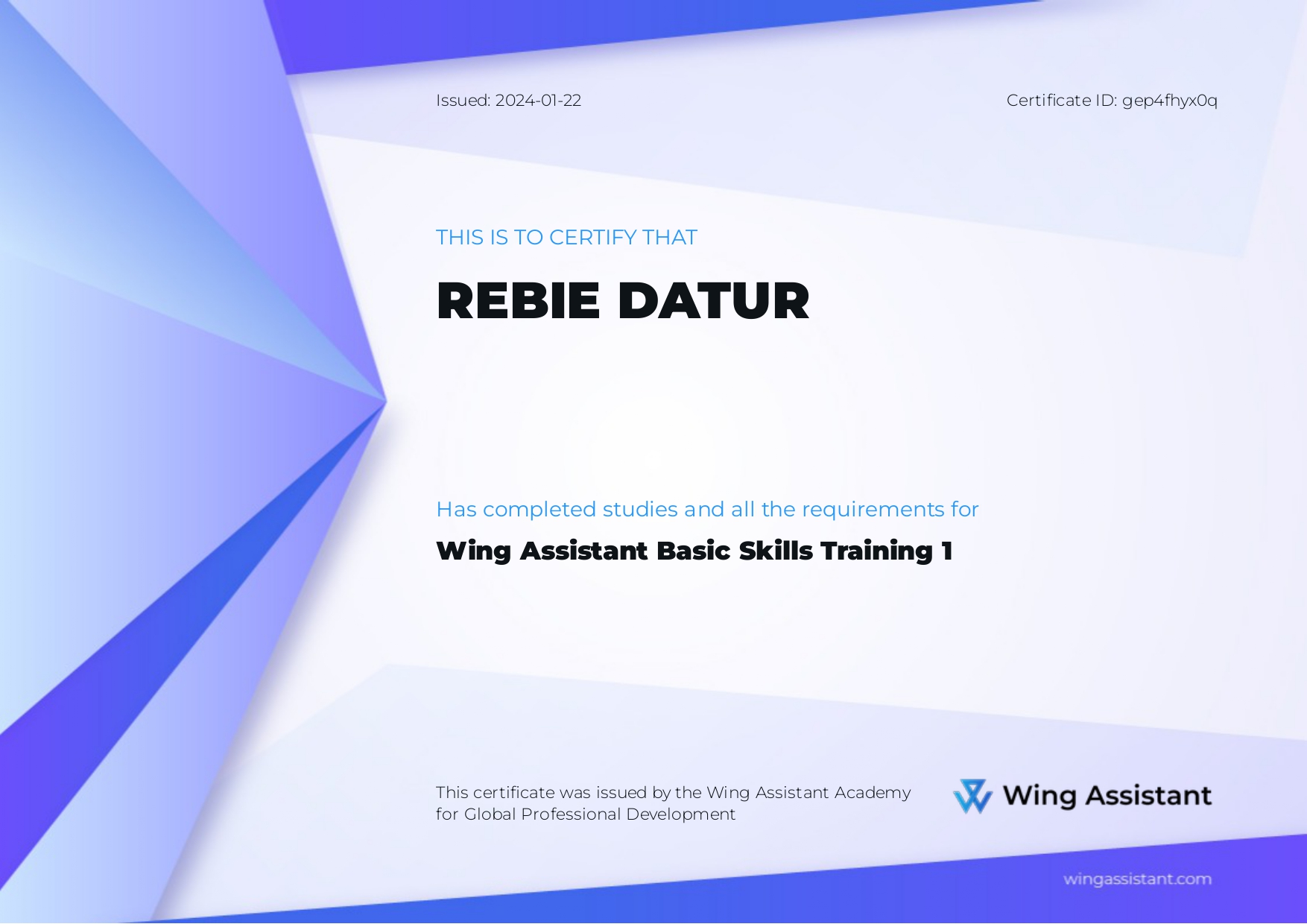 WING ASSISTANT BASIC SKILLS TRAINING 1