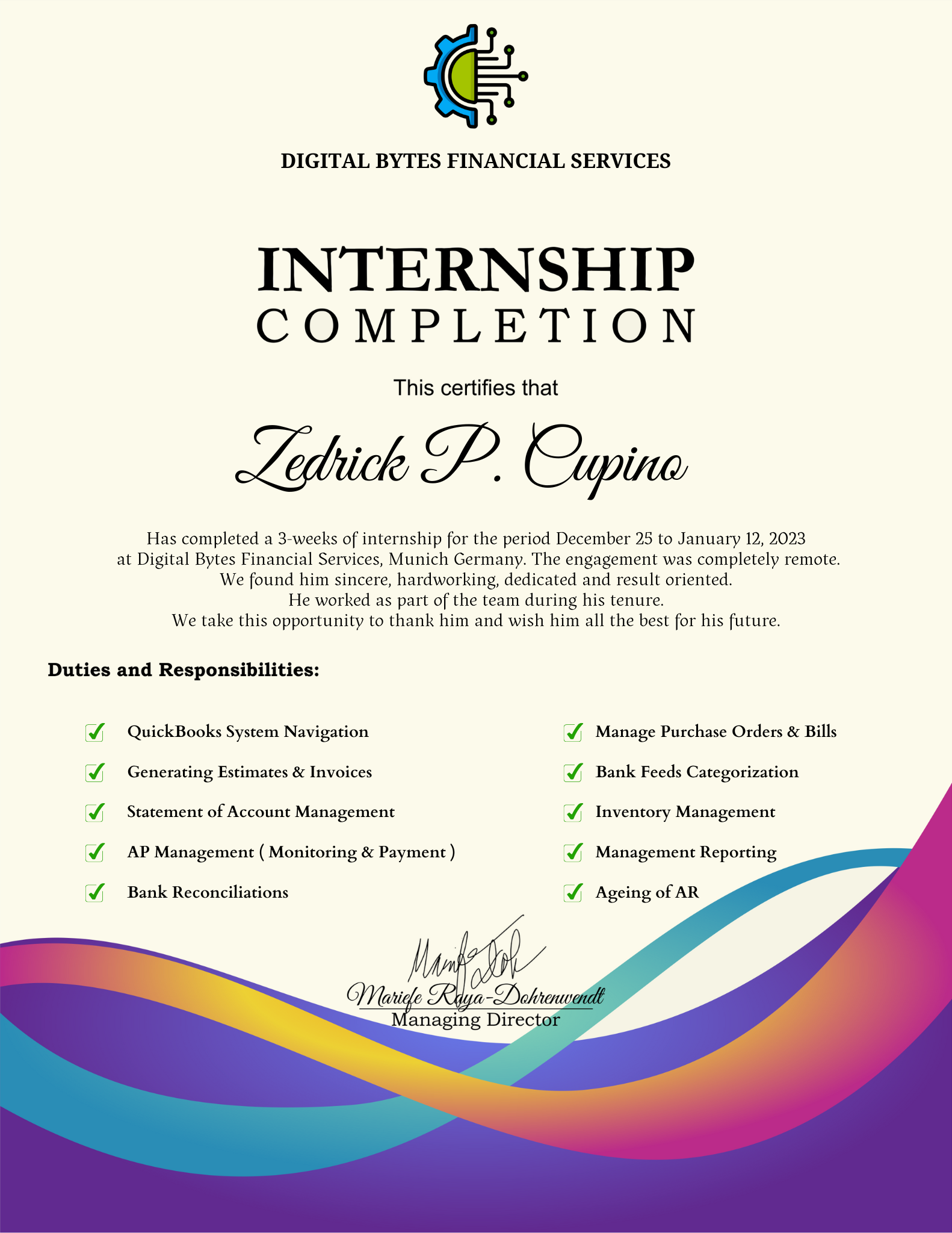 Bookkeeping Internship Certificate (Quickbooks Online)