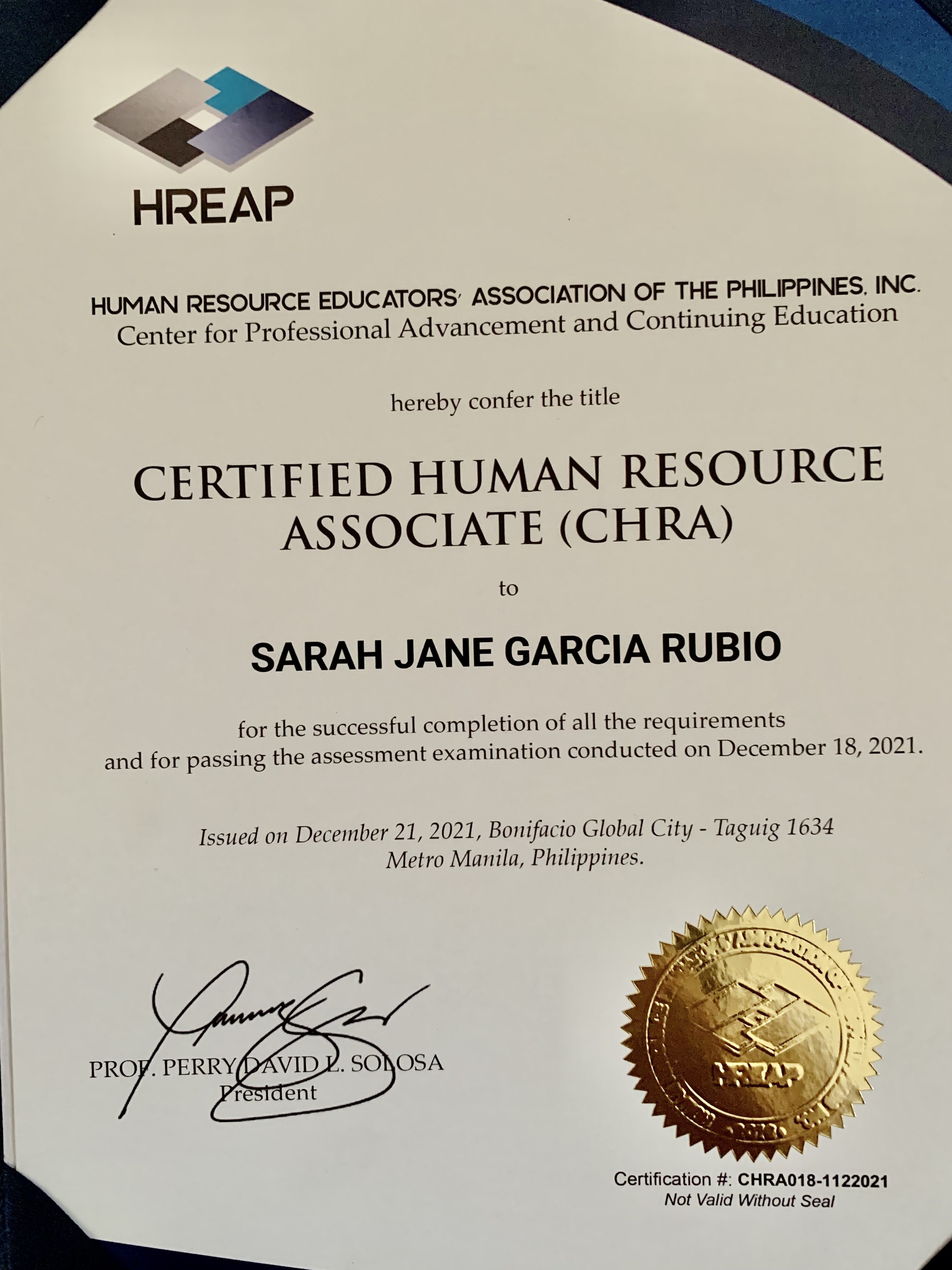 CERTIFIED HUMAN RESOURCE ASSOCIATE (CHRA) Certificate