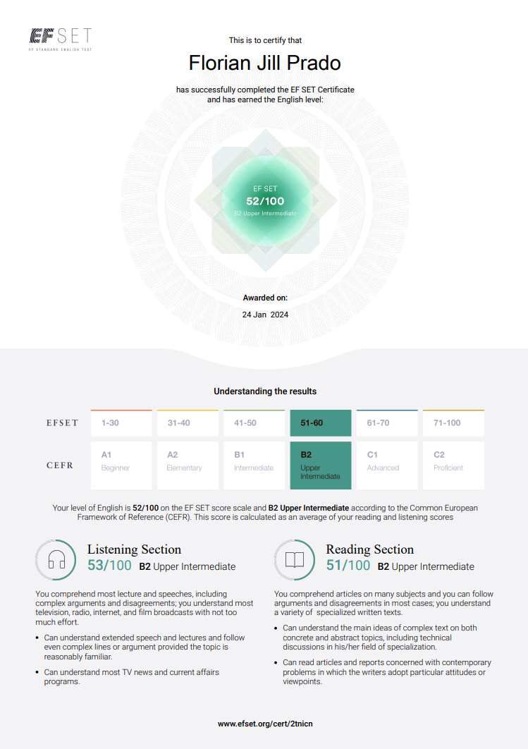 EFSET English Certificate 52/100 (B2 Upper Intermediate)